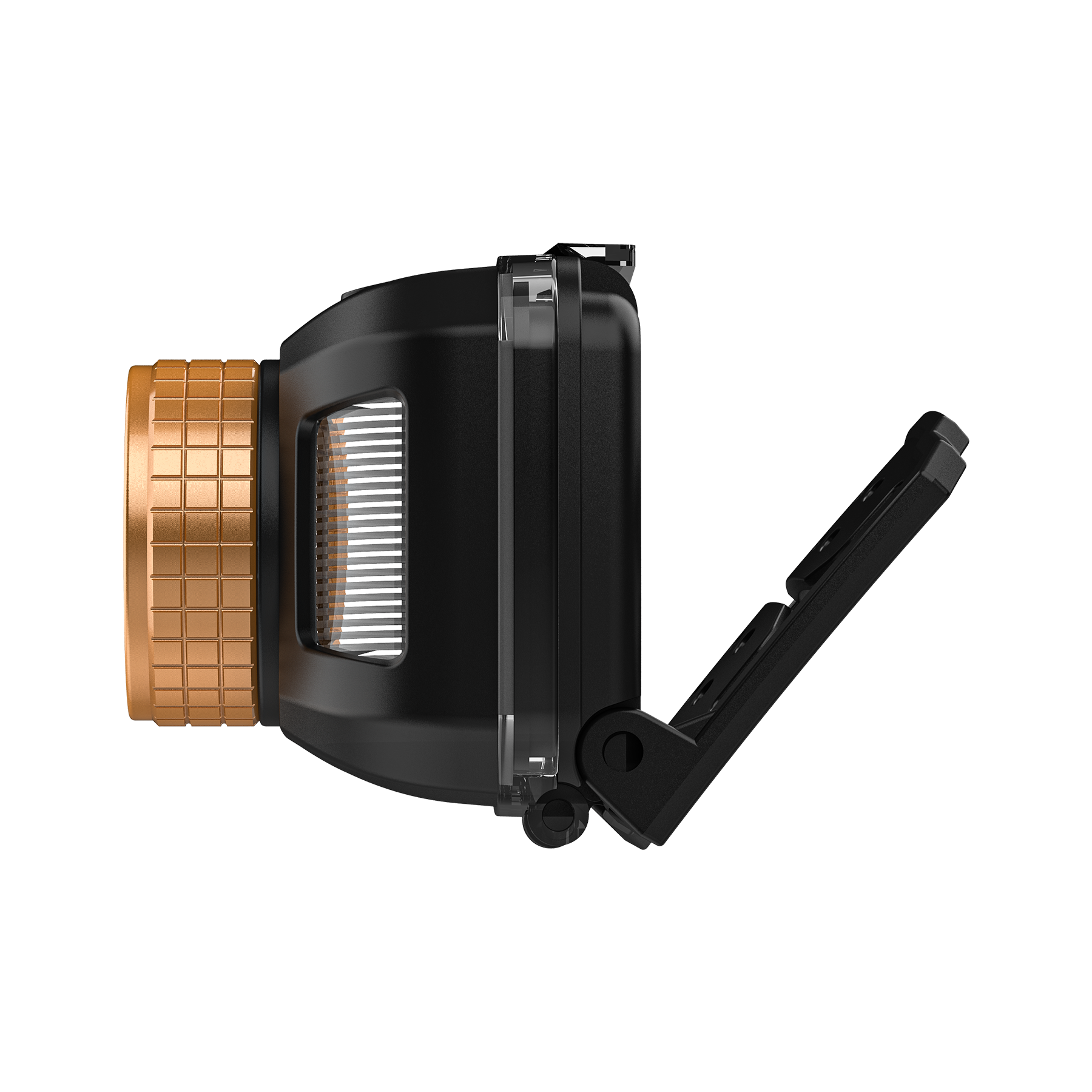 Schwarze Stirnlampe mit goldenem Knopf, klarer Linse und schwarzem Clip. Schwarz isoliert.