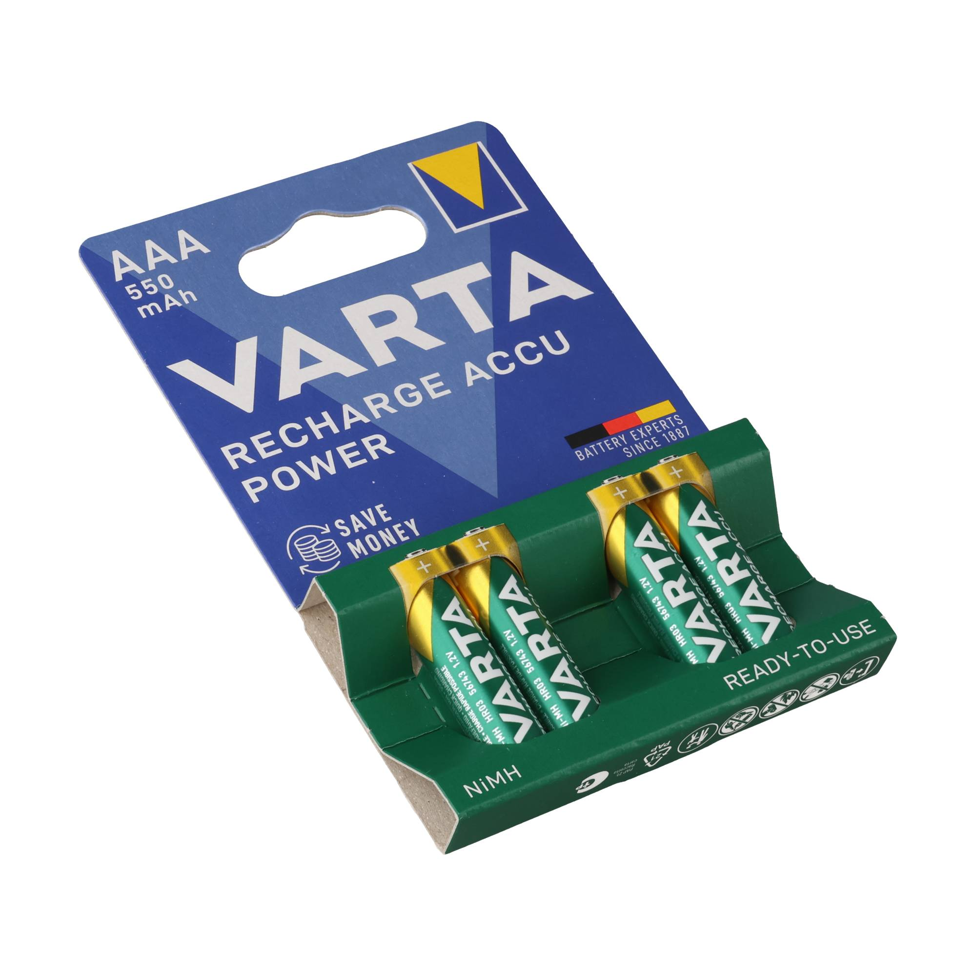 Varta AAA oplaadbare batterijen, 550 mAh, in groene verpakking.