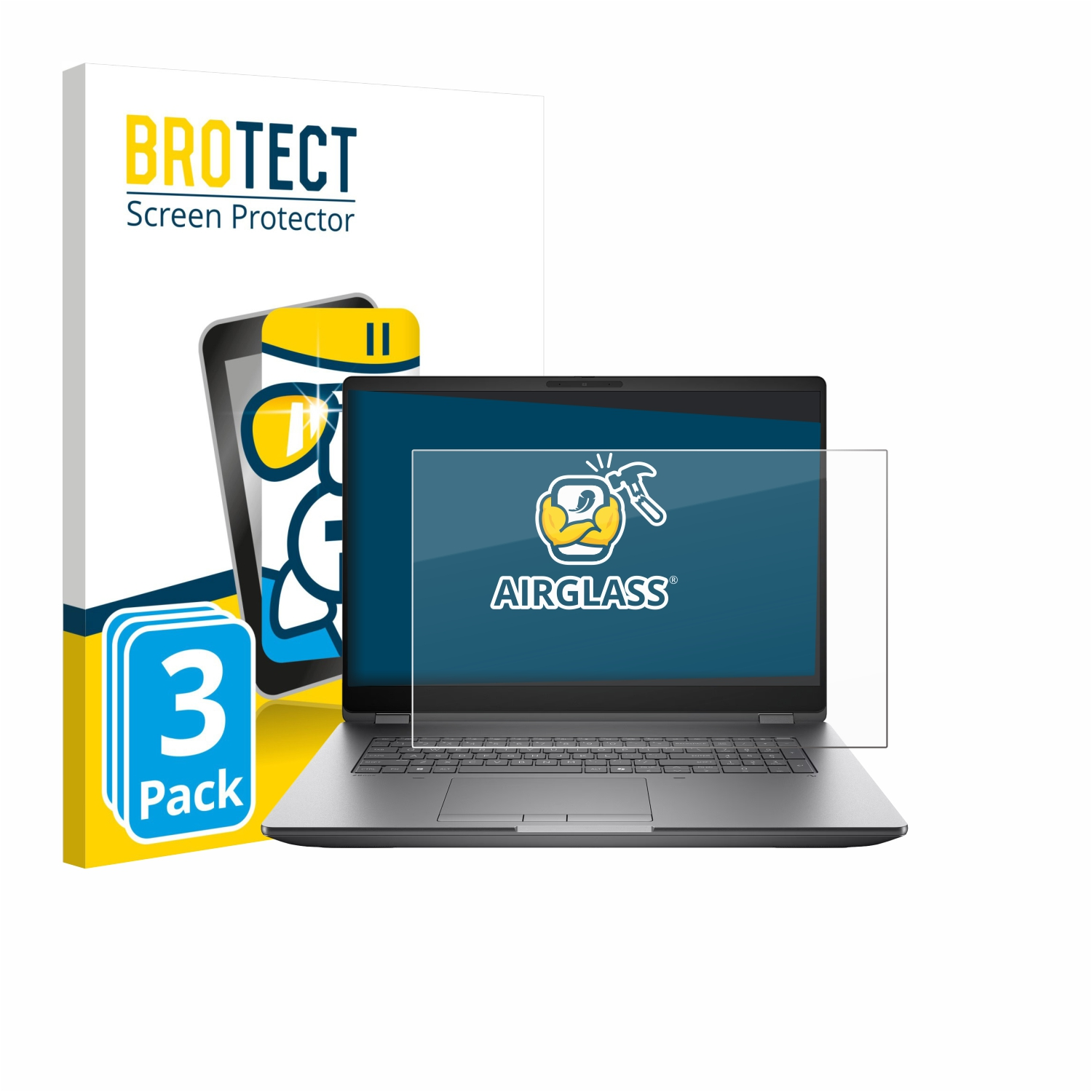 BROTECT Displayschutzfolie 3er-Pack neben einem geöffneten Laptop mit angebrachter Schutzfolie.