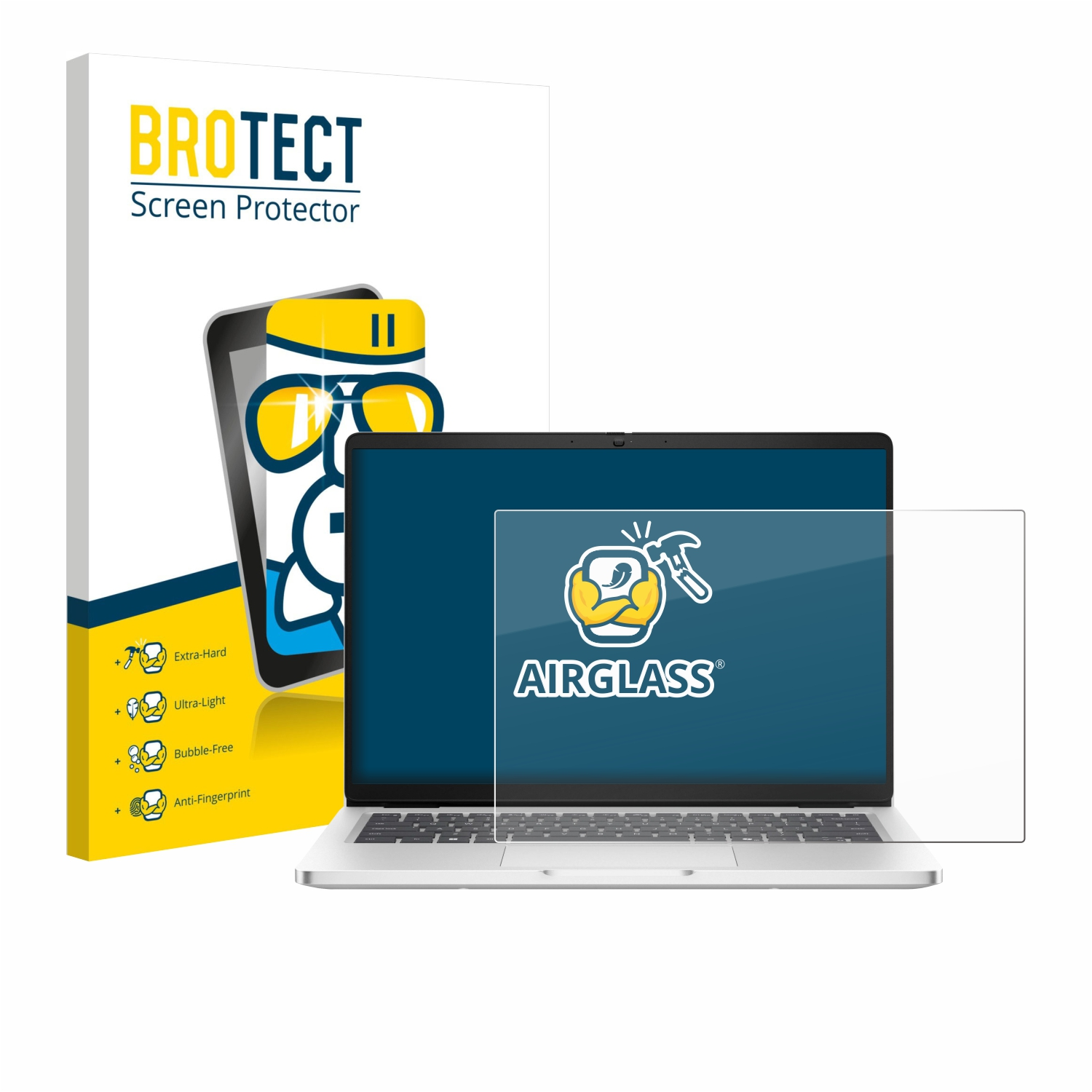 BROTECT Displayschutzfolie-Verpackung neben einem Laptop mit angebrachter Displayschutzfolie.