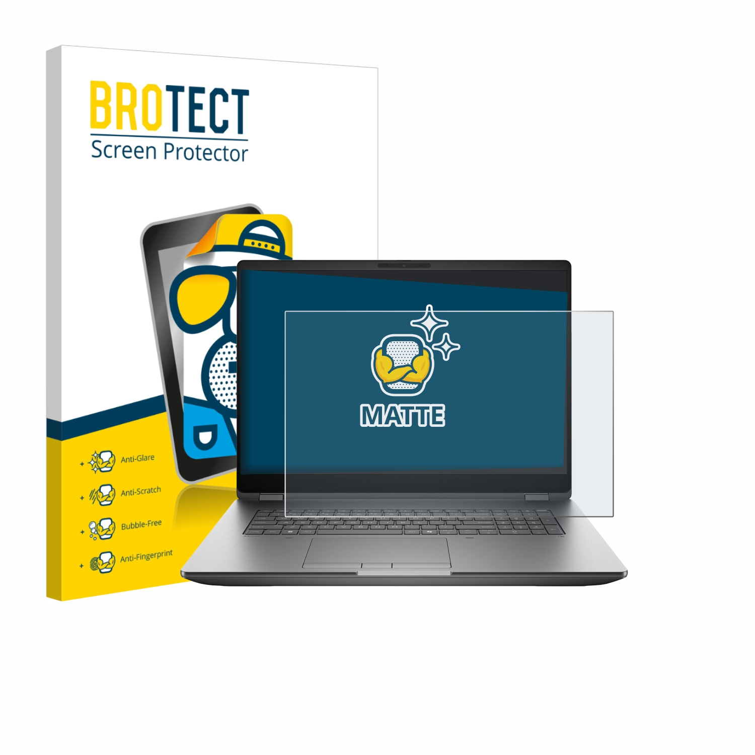 BROTECT Laptop-Displayschutzfolie mit "MATTE"-Logo auf dem Bildschirm.