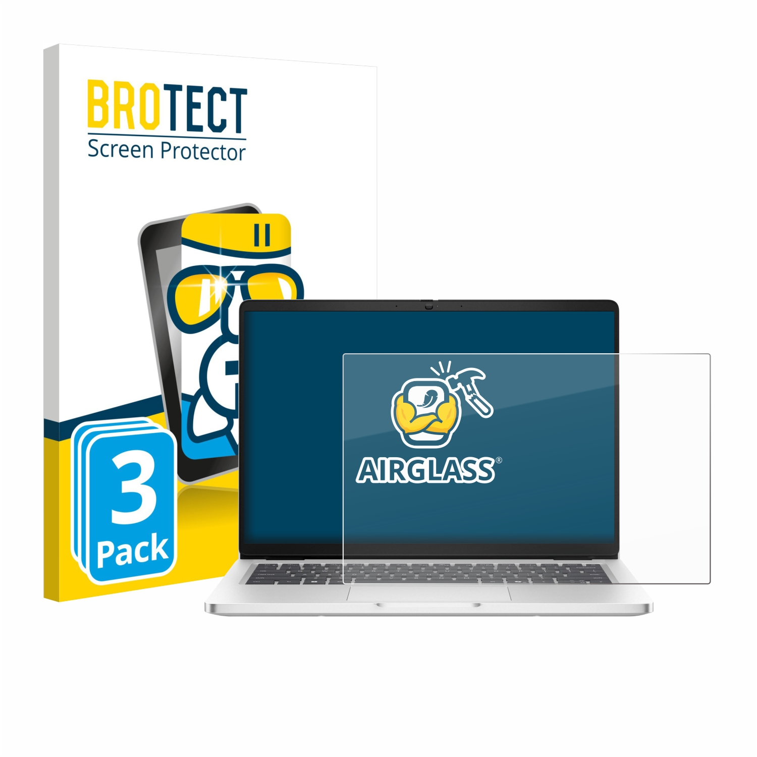 Laptop mit Bildschirmschutz, Verpackung mit "3 Pack" und "BROTECT" Logo.