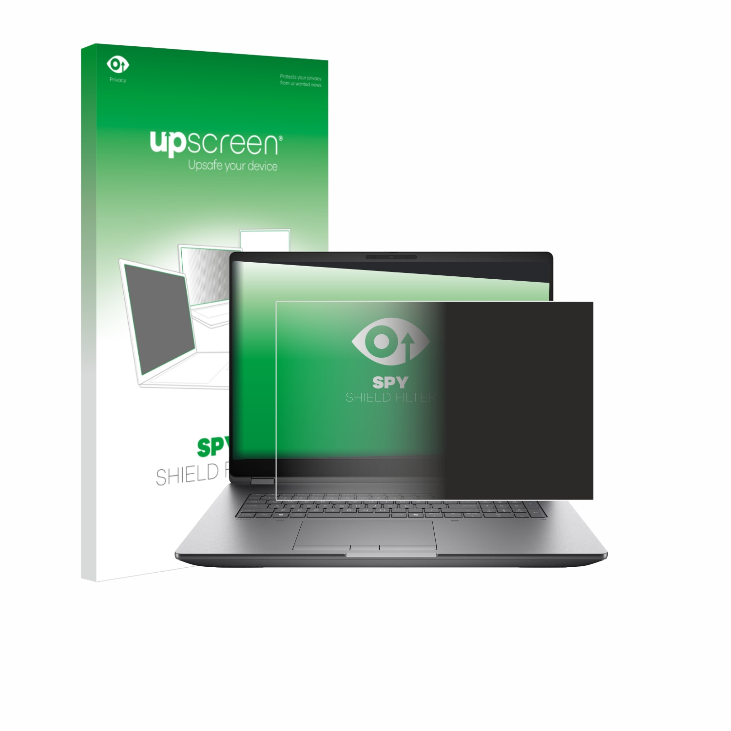 Ein Laptop mit einem Sichtschutzfilter auf dem Bildschirm und einer Produktverpackung daneben.