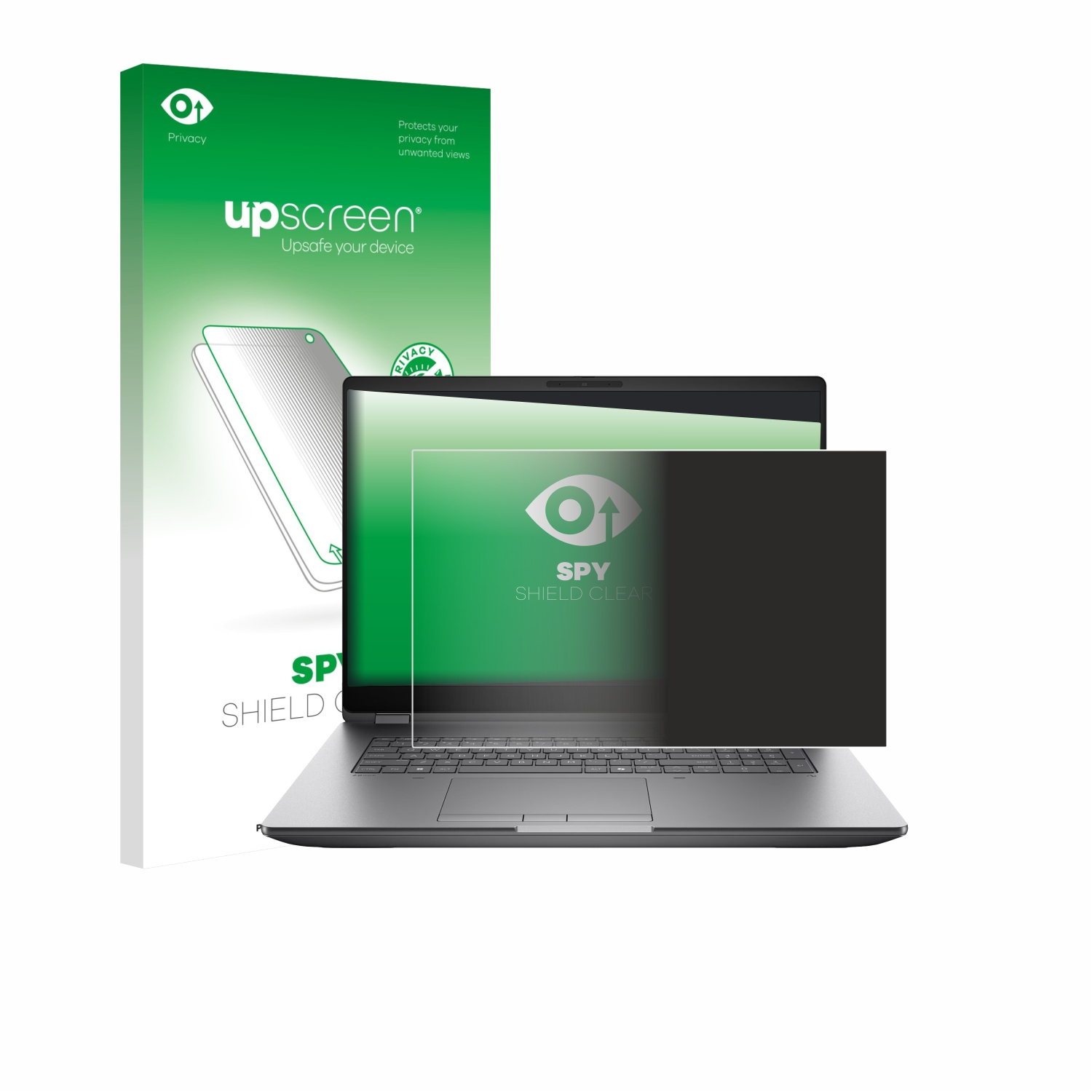 Ein Laptop mit einem Sichtschutzfilter auf dem Bildschirm und der Verpackung daneben.