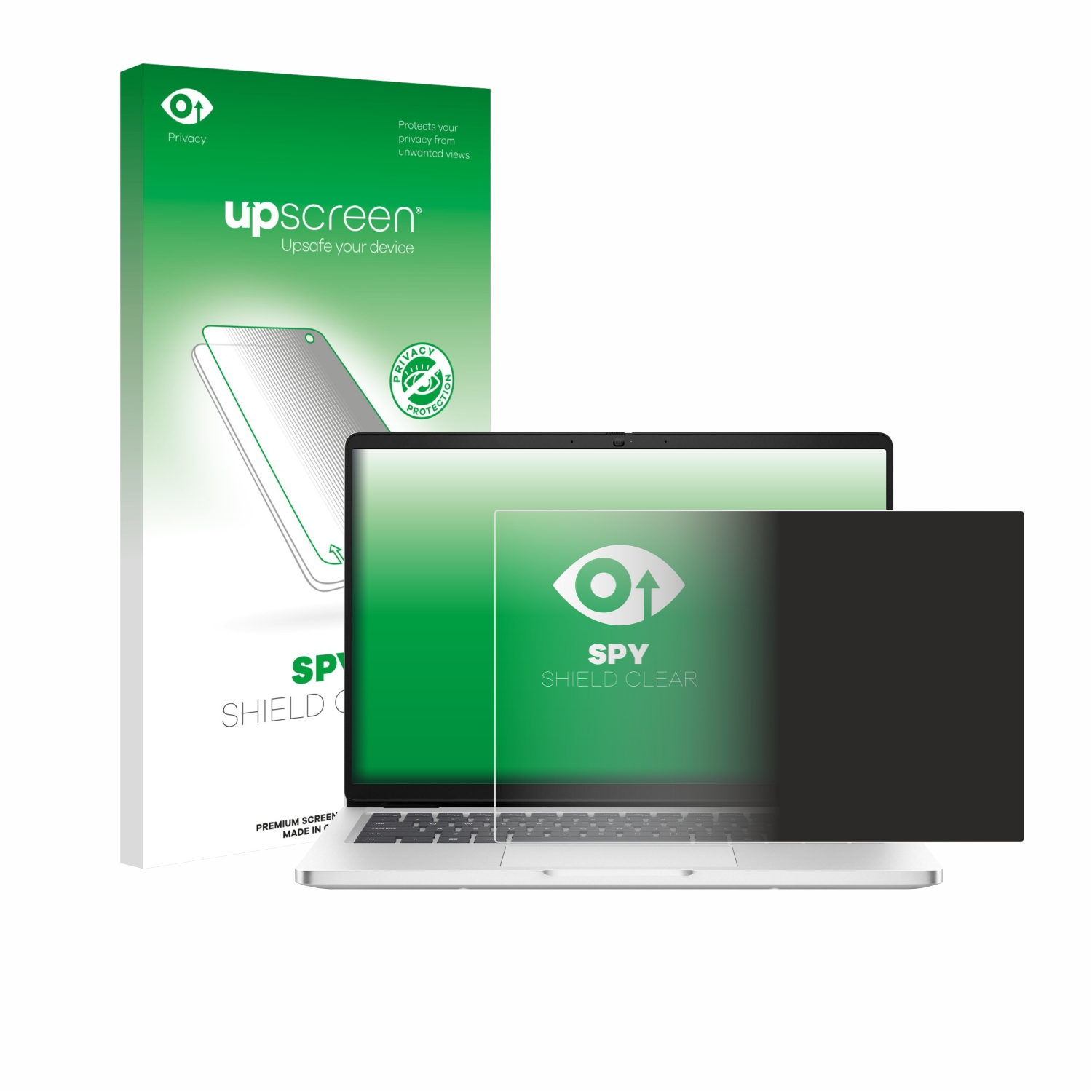 Ein Laptop mit einem aufgesteckten Sichtschutzfilter. Die Verpackung ist daneben.