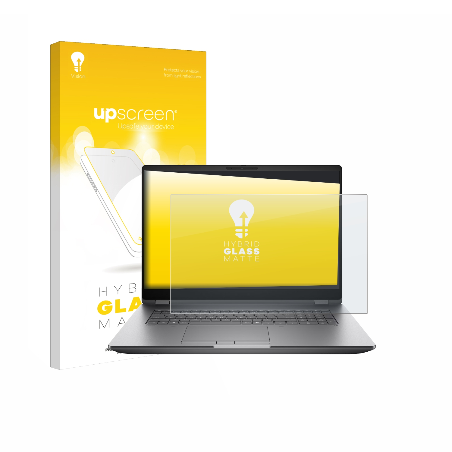 Laptop mit Displayschutzfolie und Verpackung. Gelbes Design mit Glühbirnen-Logo.