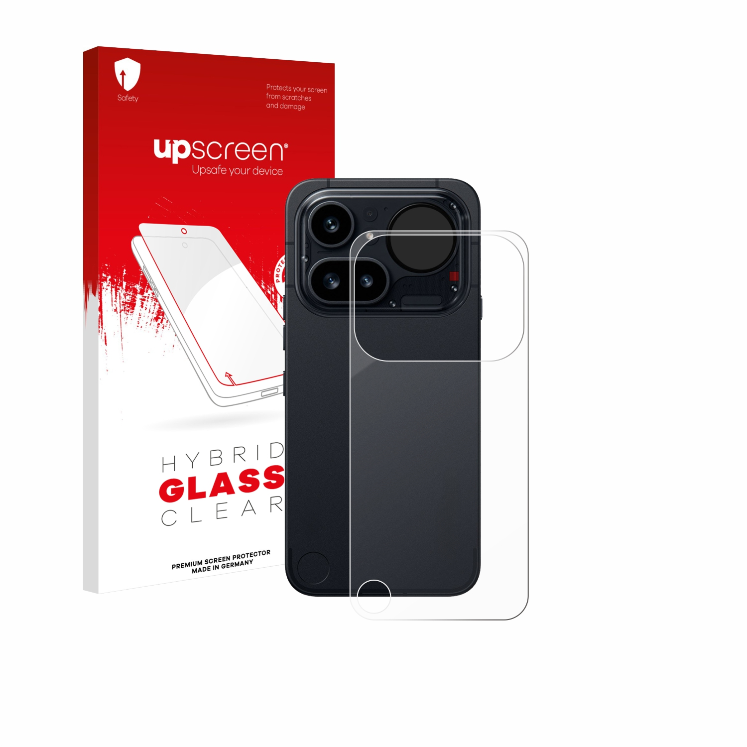 Rote Box mit 'upscreen'-Logo und einem Handy; eine klare Displayschutzfolie über einem Handy.