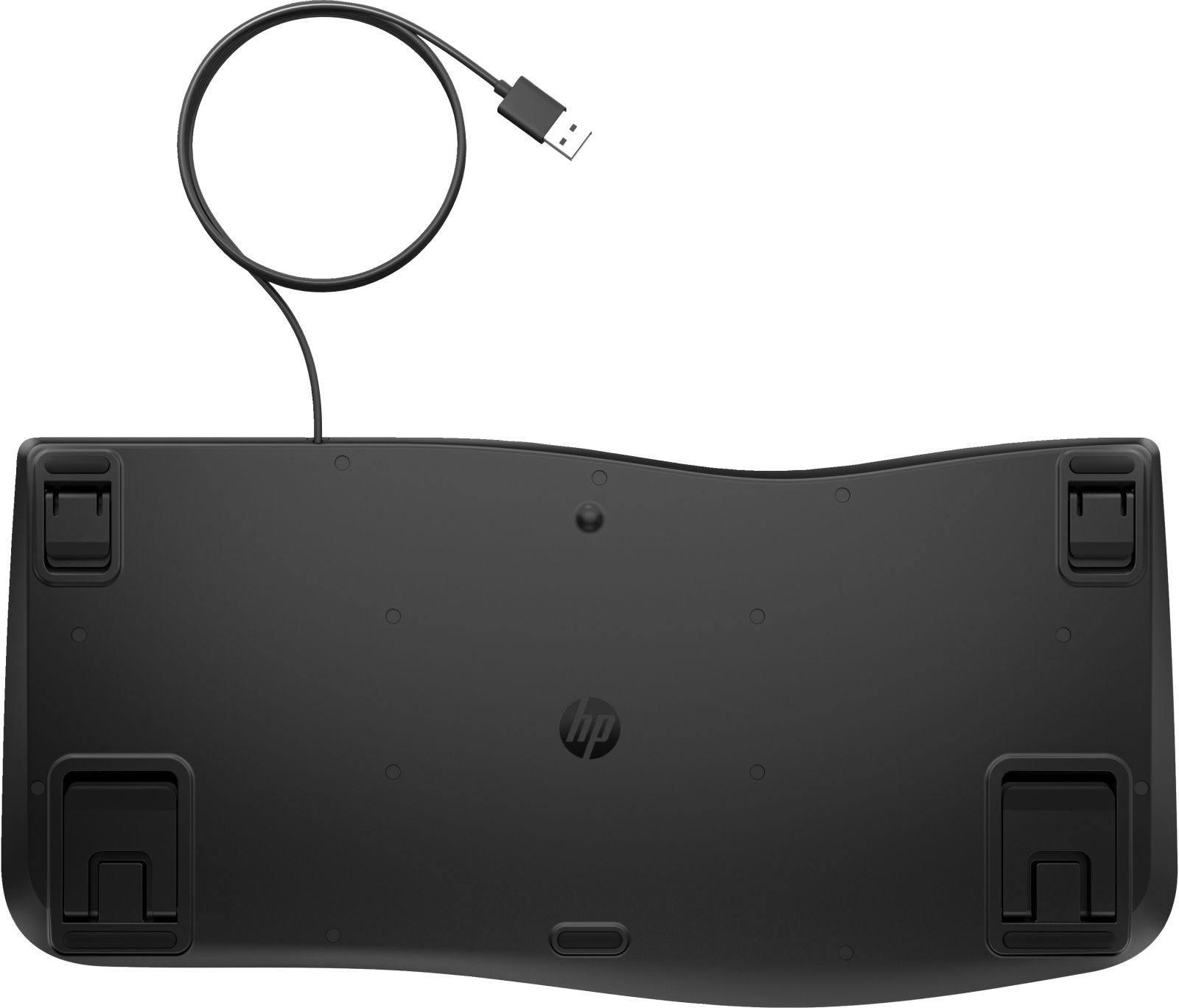 Spód czarnej klawiatury HP z kablem USB i regulowanymi stopkami.