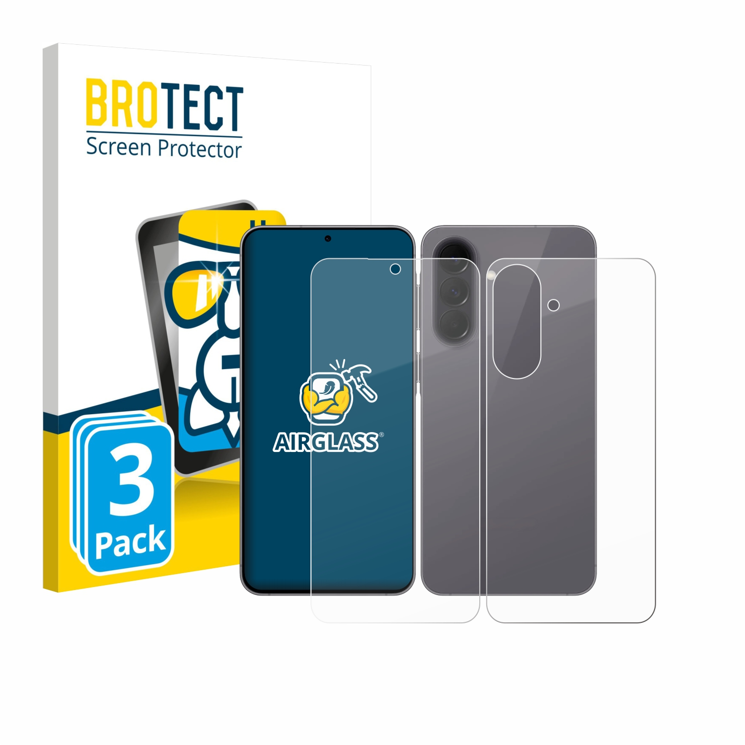 BROTECT Displayschutzfolie Packung mit Handy und Schutzfolien.