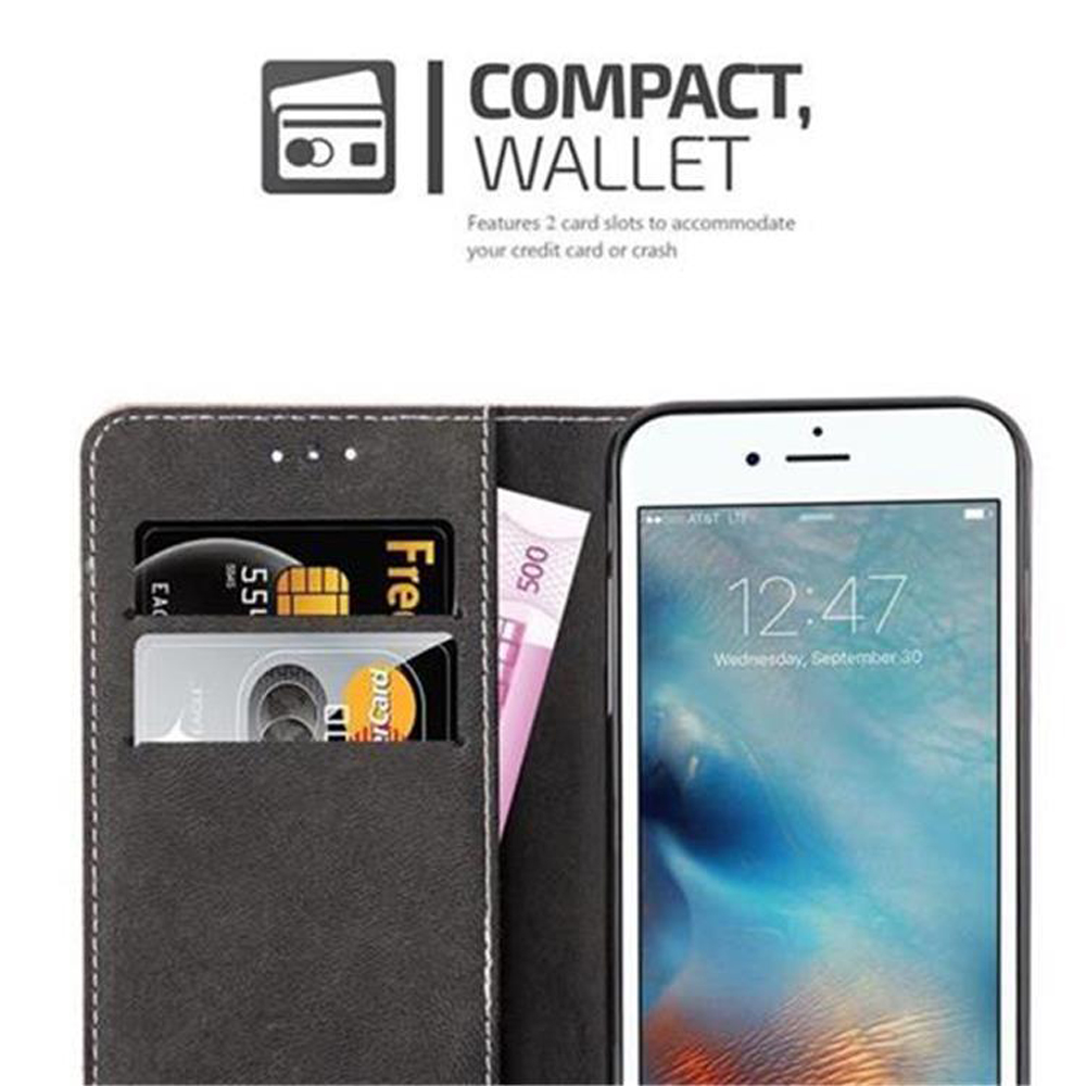 Una cartera negra con un iPhone y ranuras para tarjetas.