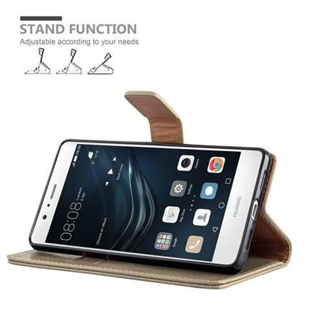 Un teléfono Huawei dorado en una funda con soporte, mostrando la pantalla de inicio e iconos de función de soporte.