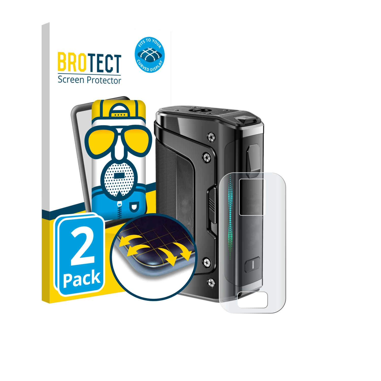 BROTECT Displayschutzfolie 2er-Pack für ein dunkles Gerät mit blauem Akzent.