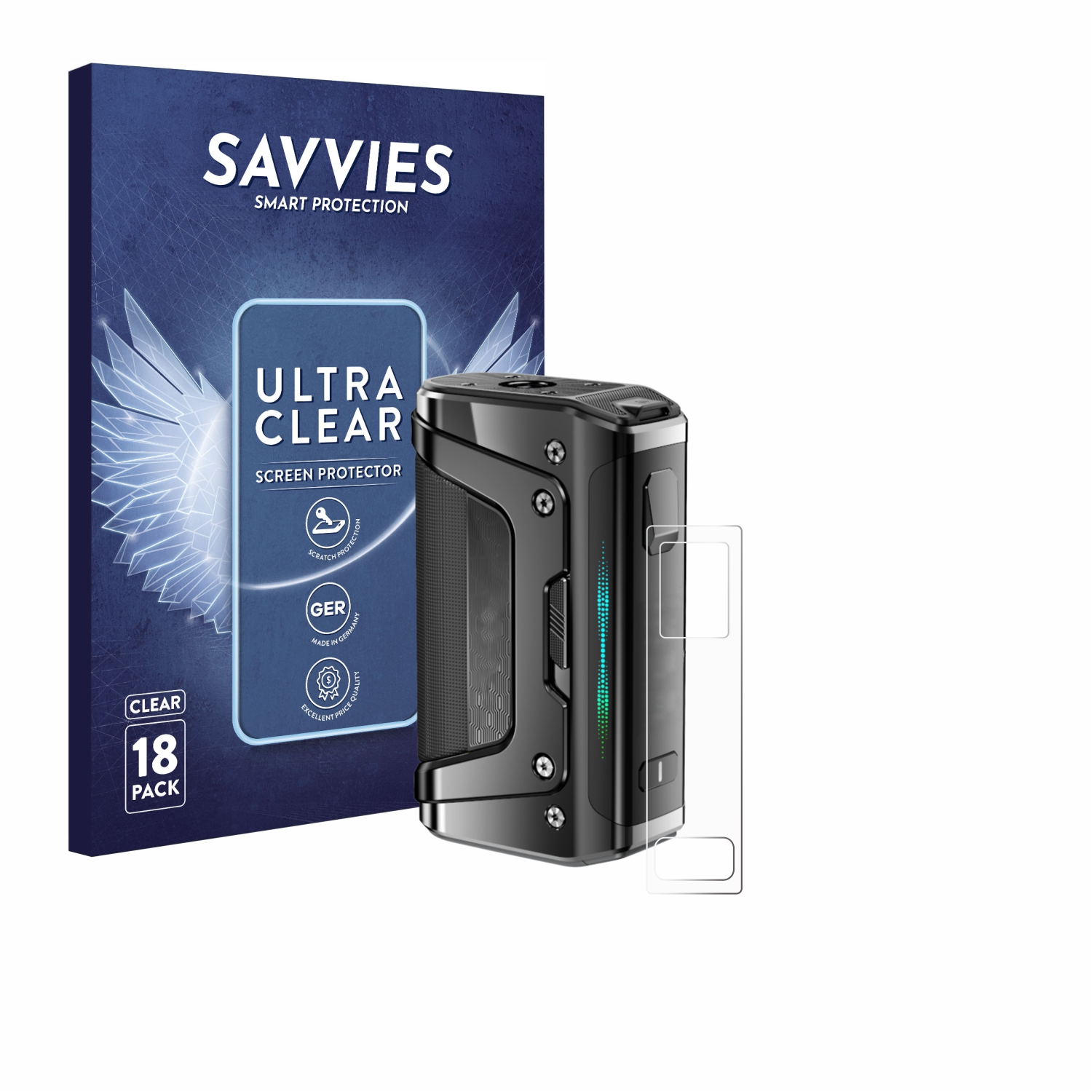 Savvies Verpackung mit einem schwarzen E-Zigaretten-Gerät und zwei Displayschutzfolien.