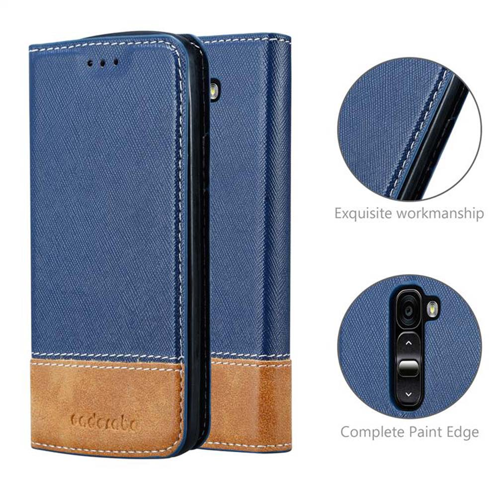 Custodia blu per telefono con dettaglio in pelle marrone e cuciture.