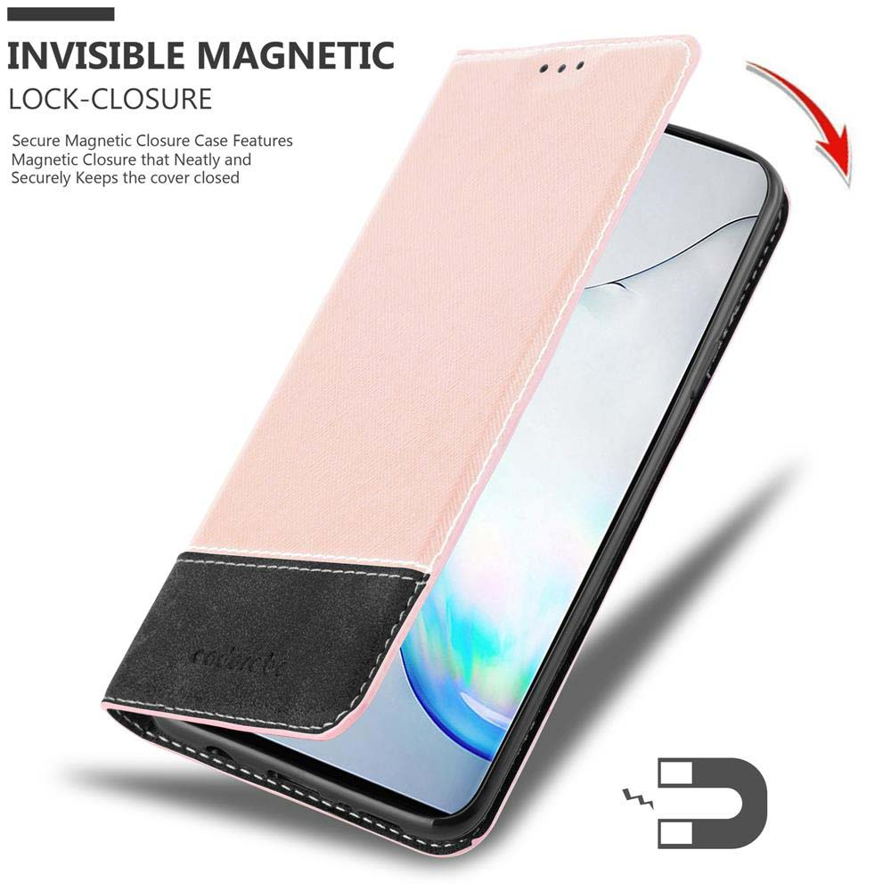Custodia rosa per telefono con accenti neri, aperta per mostrare lo schermo del telefono. Chiusura magnetica.
