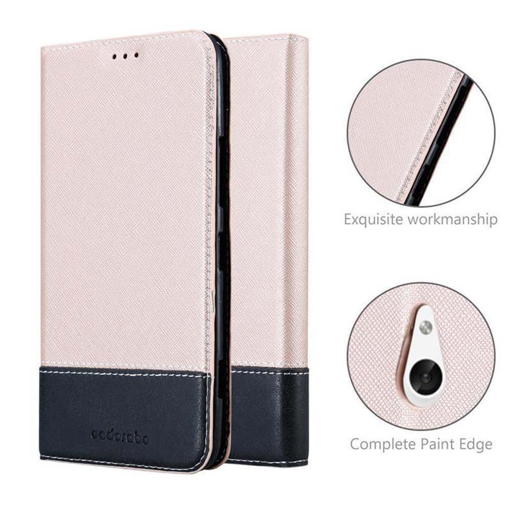 Una custodia per telefono rosa e grigio scuro mostrata aperta, con dettagli.
