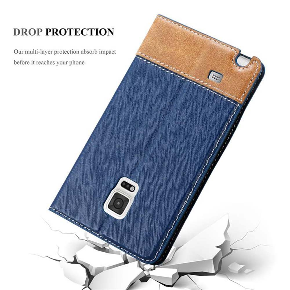 Blaues Handy-Etui mit brauner Oberseite auf zerbrochenem Boden.