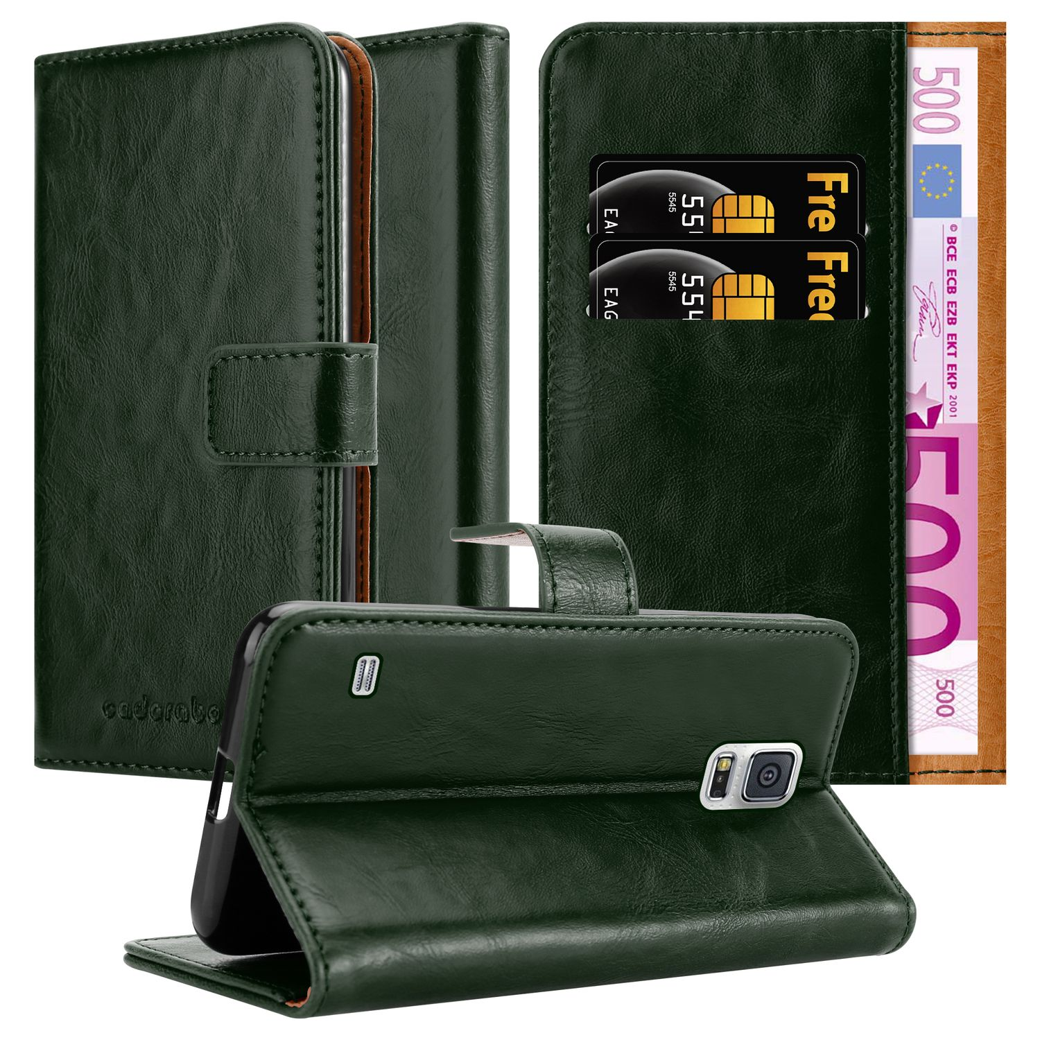 Cartera verde oscuro con dos tarjetas de crédito y billete de 500 euros.