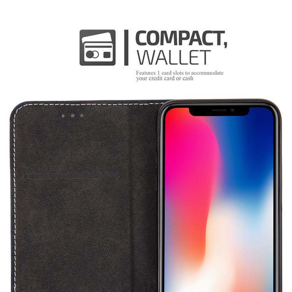 Ein schwarzes Wallet-Case für ein Smartphone, geöffnet, mit einem Handy im Inneren.