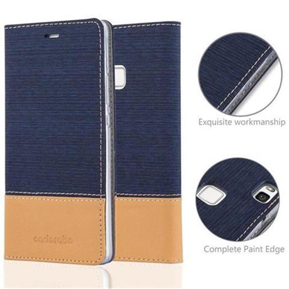 Funda de teléfono azul marino y canela con detalle de costura. Primeros planos muestran artesanía.