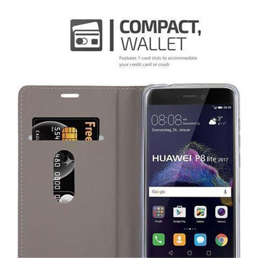 Custodia grigia per telefono con slot per schede e uno smartphone Huawei P8 lite 2017.