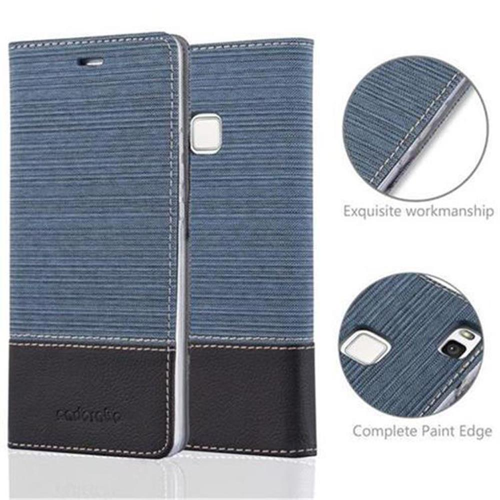 Funda de teléfono azul con base de cuero negro, primeros planos muestran costuras.