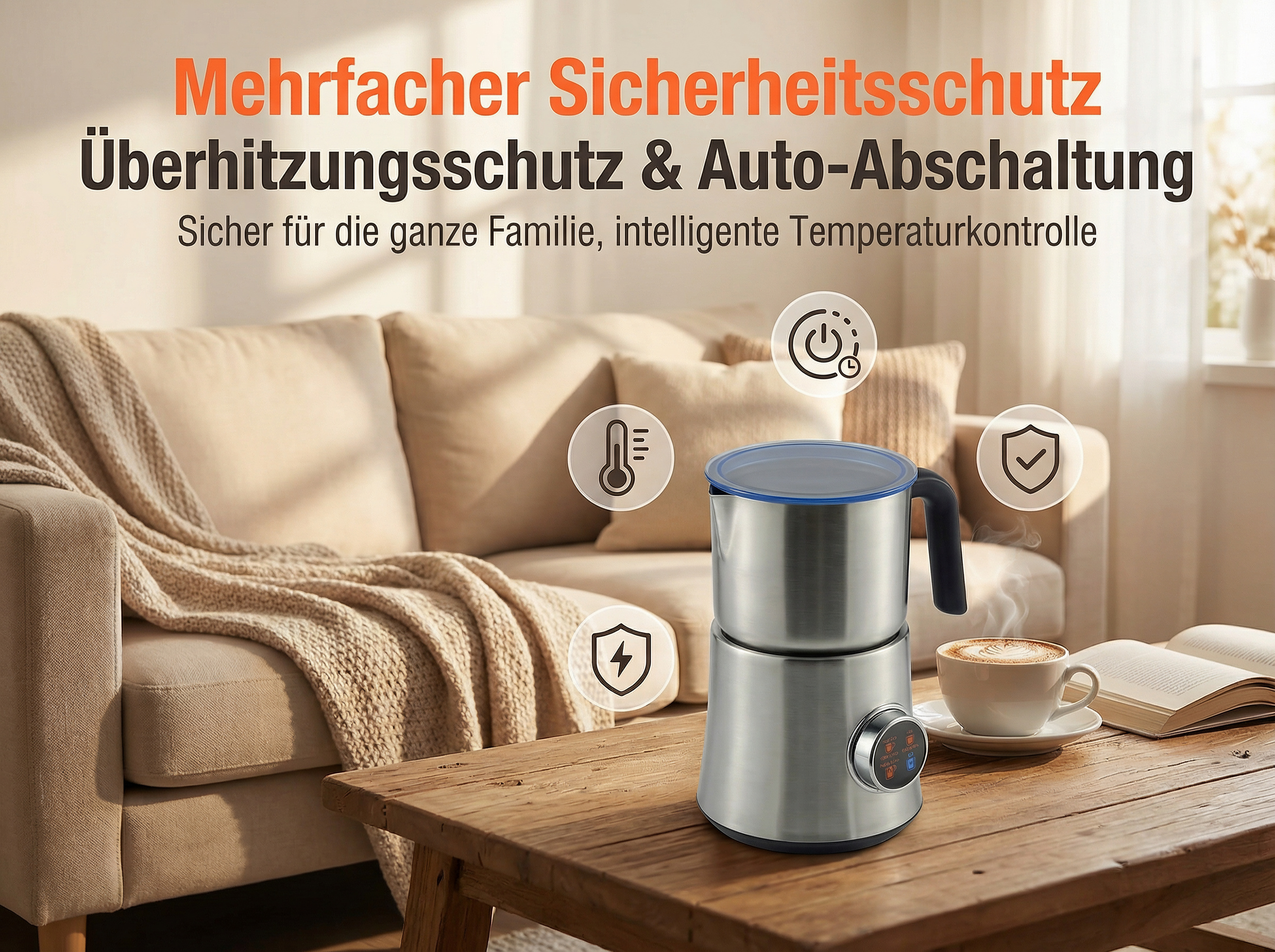 Edelstahl-Milchaufschäumer mit Tasse Kaffee und Buch auf Holztisch.