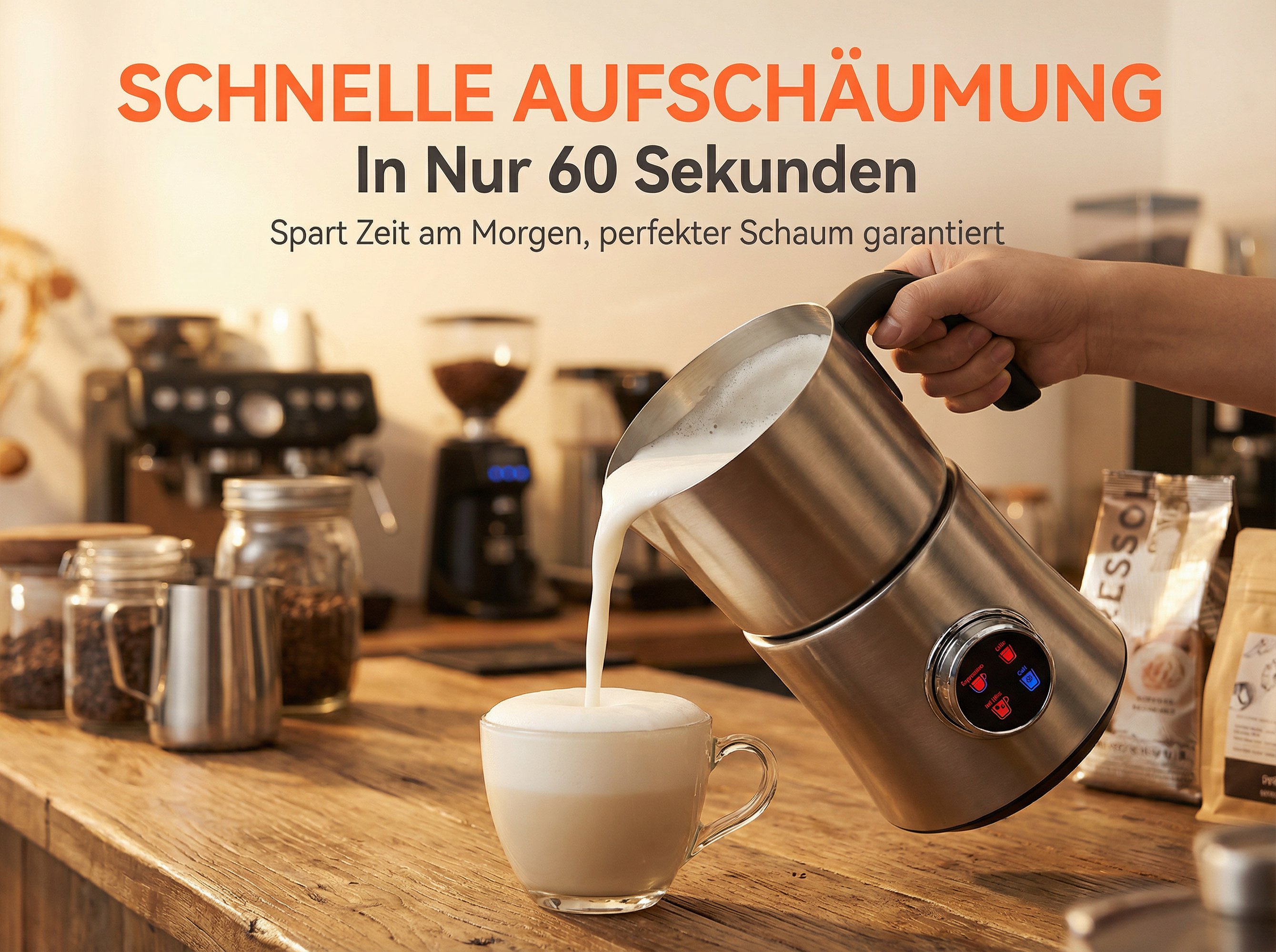 Ein Milchaufschäumer gießt Schaum in eine Tasse auf einem Holztisch.