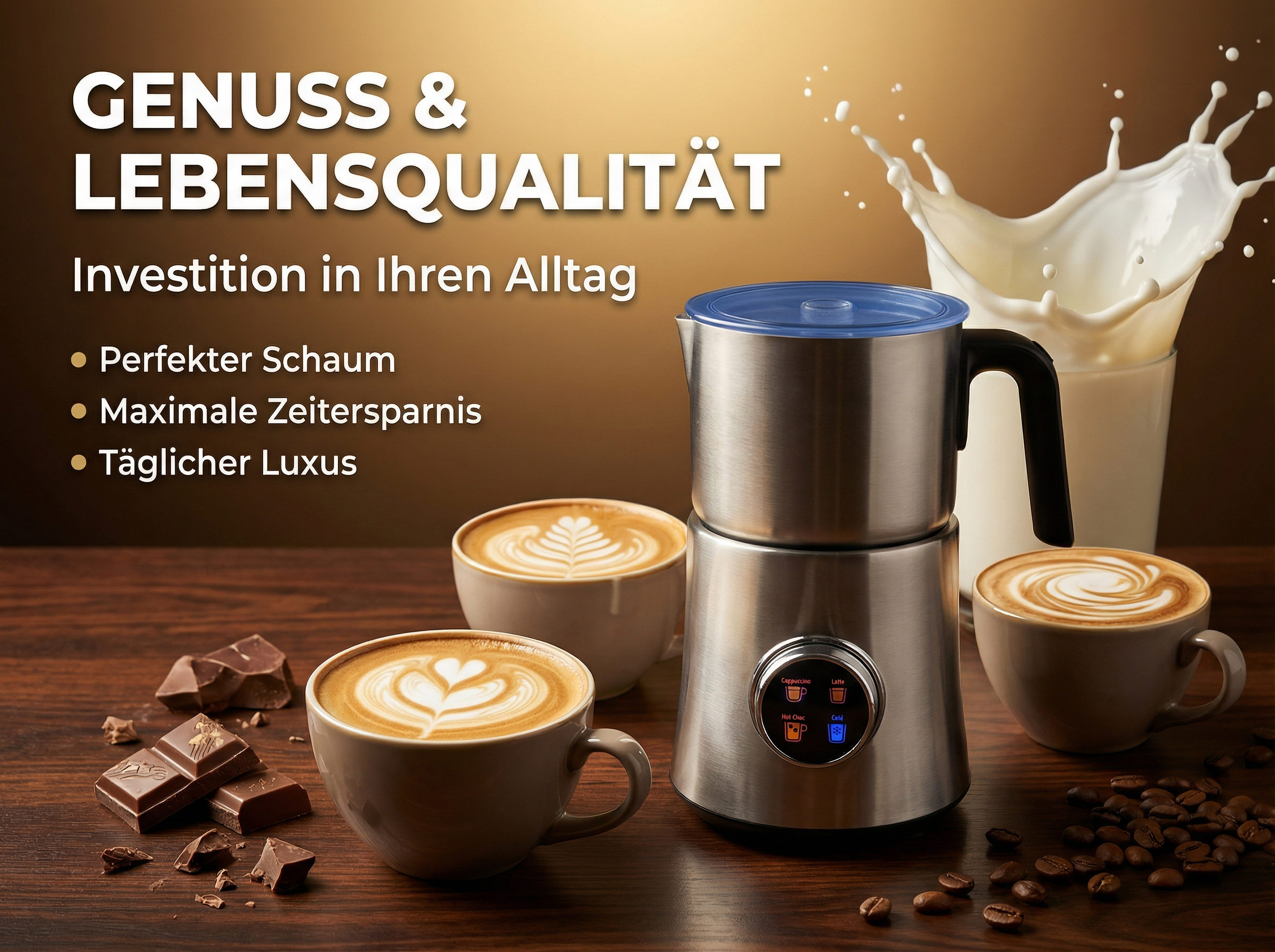Milchaufschäumer mit Kaffeetassen, Schokolade und Milchspritzern.