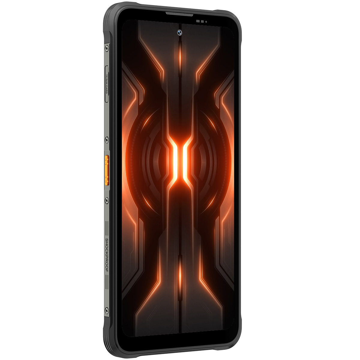 Wytrzymały smartfon z ciemnym, futurystycznym ekranem i pomarańczowymi, świecącymi akcentami.