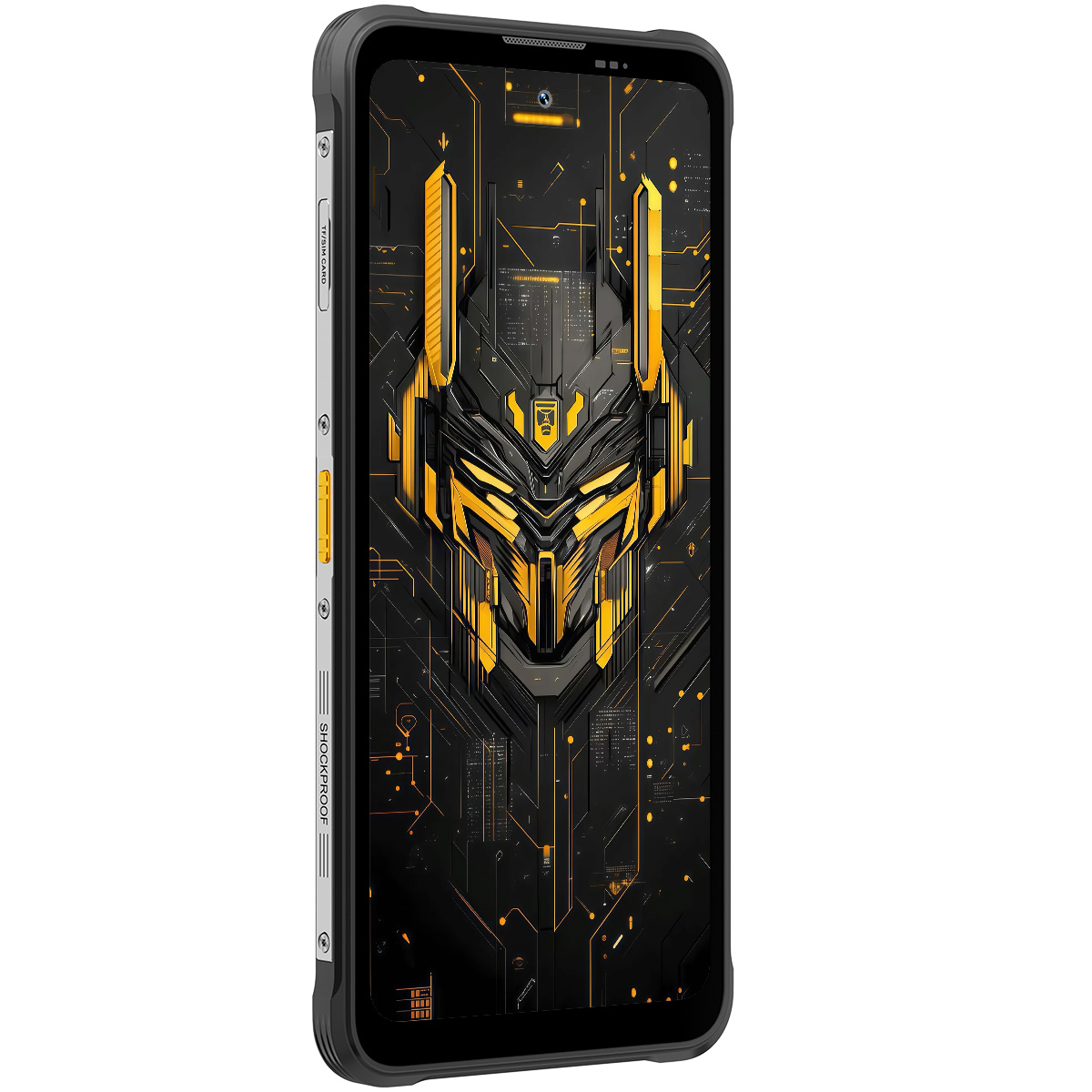 Czarny smartfon z żółto-czarnym futurystycznym wzorem wyświetlacza. Widoczna etykieta 'Shockproof'.