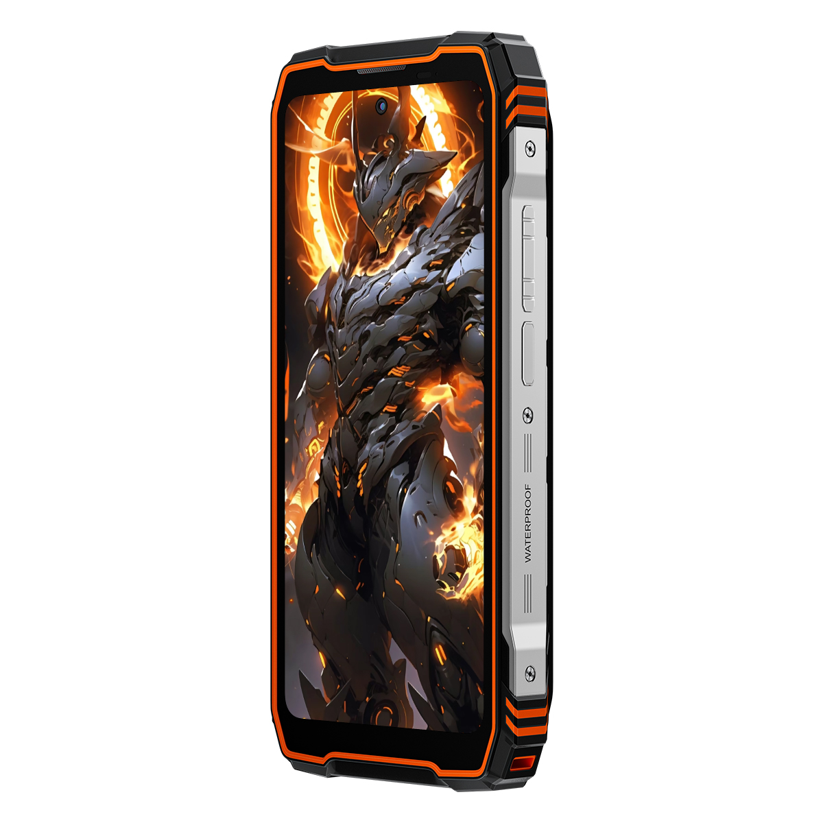 Smartphone robusto con accenti arancioni, mostra un avatar guerriero sullo schermo.