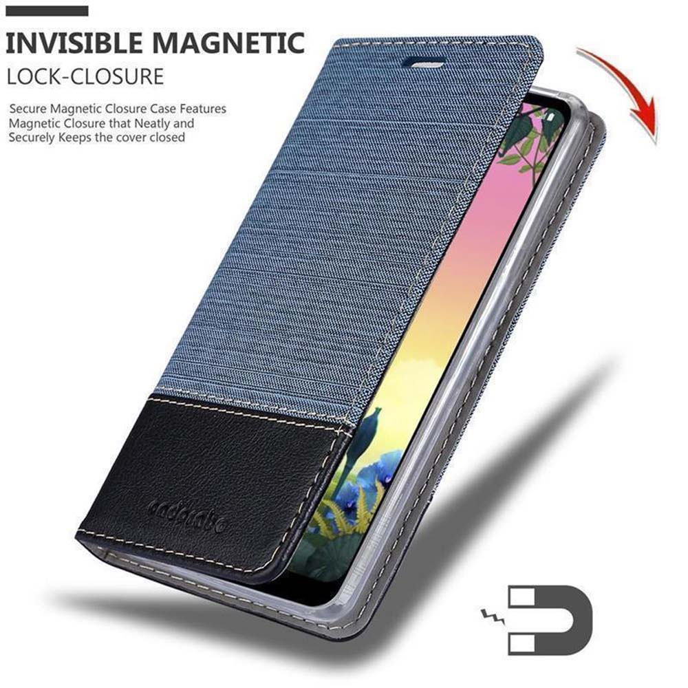 Custodia per telefono in denim blu con ecopelle nera, chiusura magnetica.