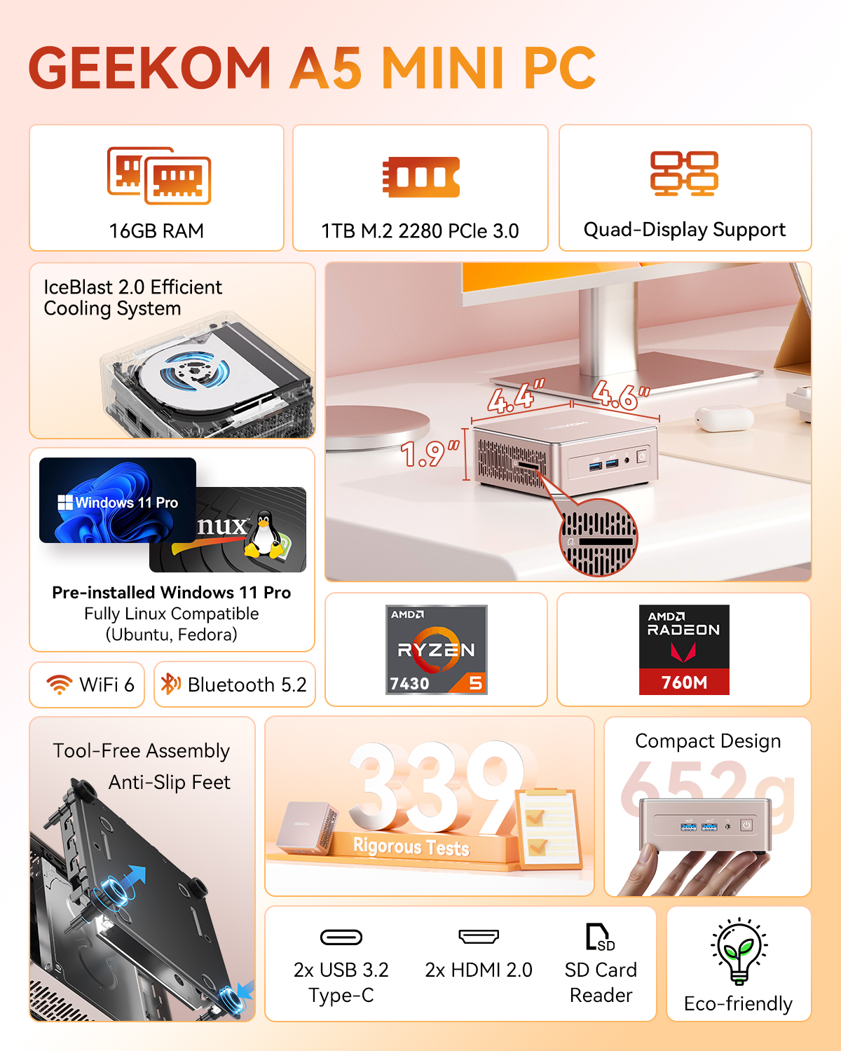 GEEKOM A5 Mini PC mit 16GB RAM, 1TB SSD, Quad-Display-Unterstützung und AMD Ryzen Prozessor.