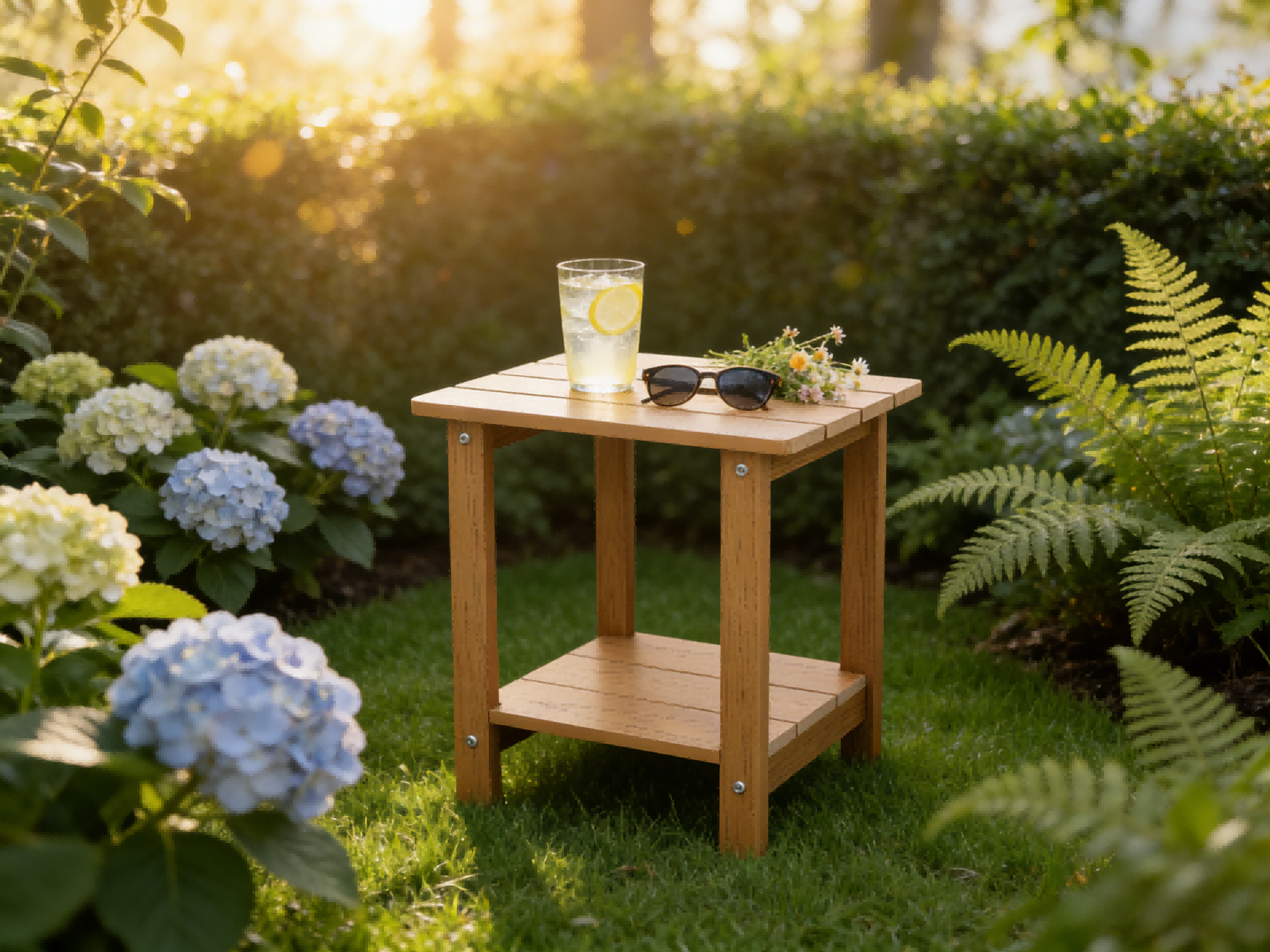 Ein Getränk mit Zitrone, Sonnenbrille und Blumen auf einem Holztisch im Garten.