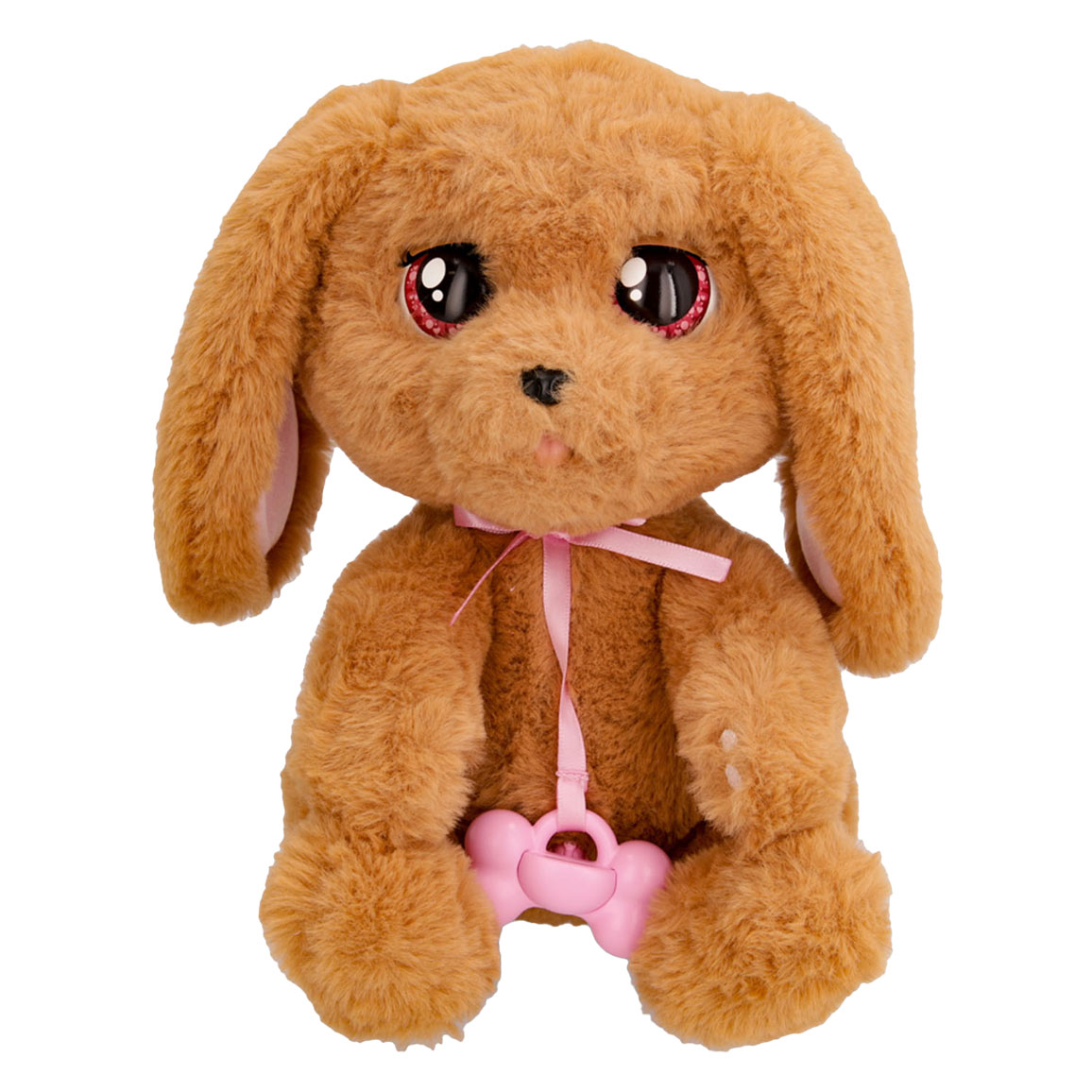Un peluche de cachorro marrón con ojos grandes y un lazo rosa con un amuleto de hueso.