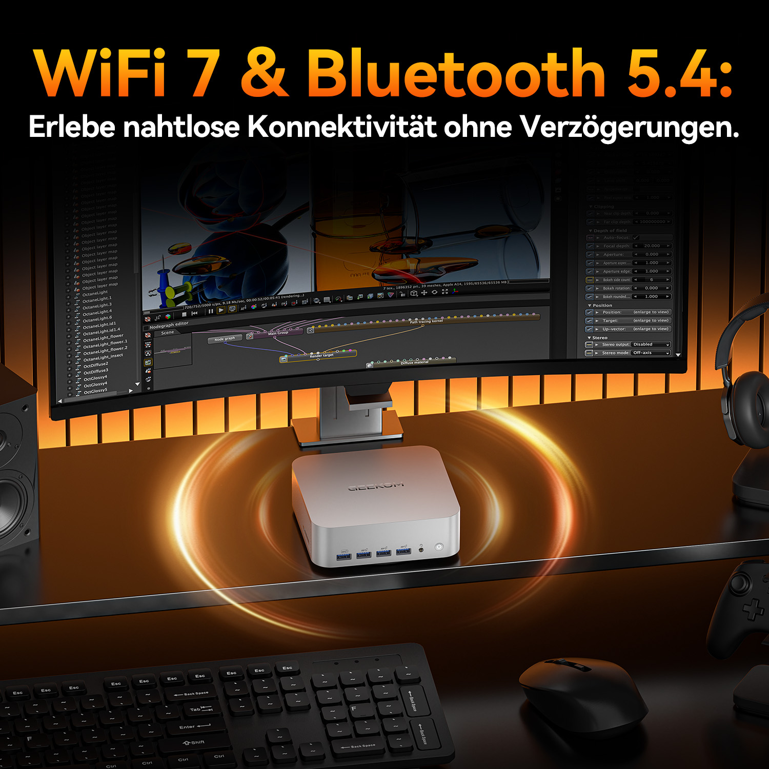 Ein Mini-PC mit Tastatur, Maus, Kopfhörern und Controller auf einem Schreibtisch.