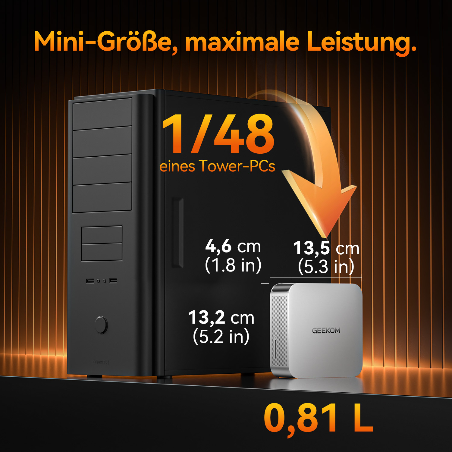Ein schwarzer Tower-PC neben einem kleinen silbernen GEEKOM-PC, mit Größenangaben.