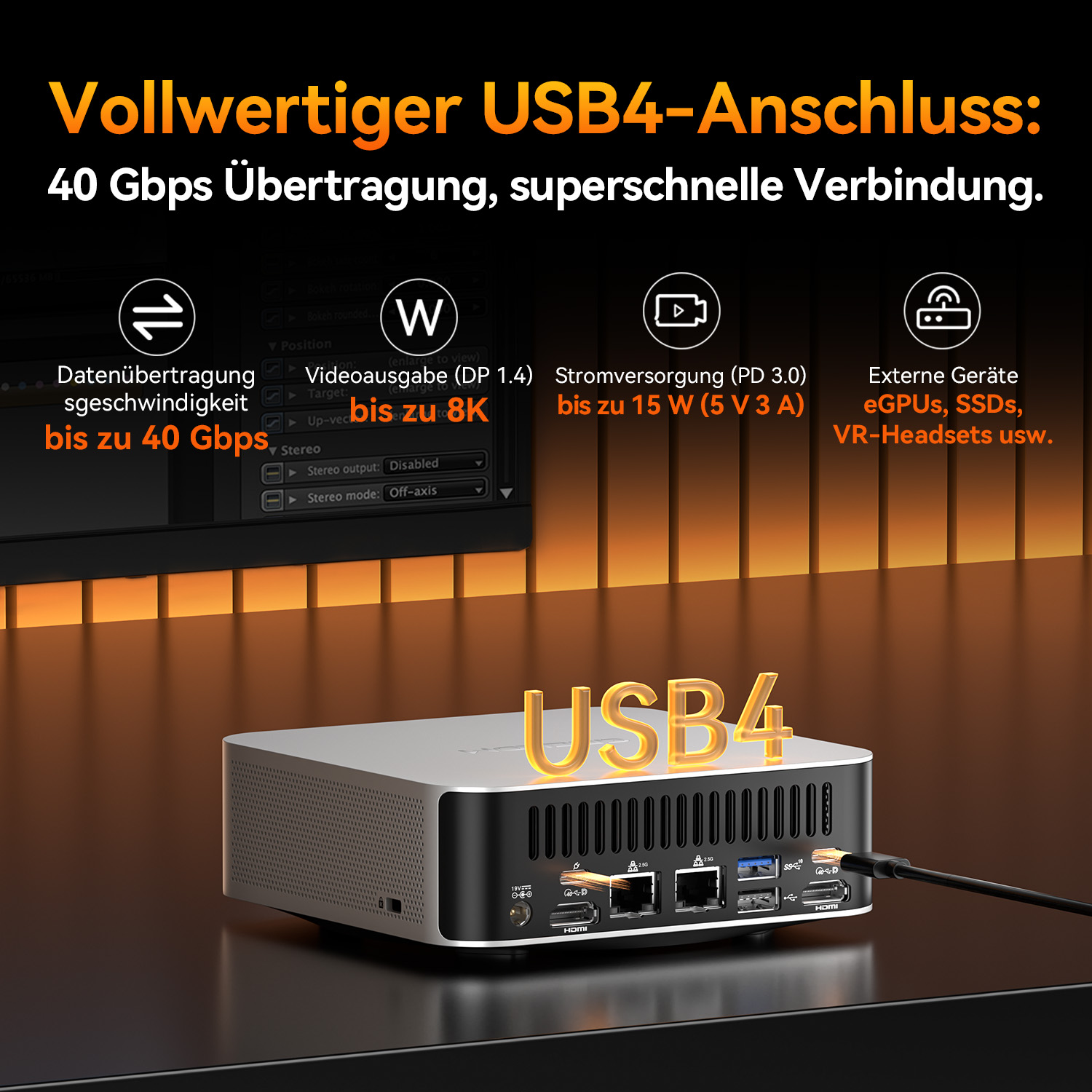 Ein kleiner Computer mit USB4-Anschluss, der bis zu 40 Gbps unterstützt.