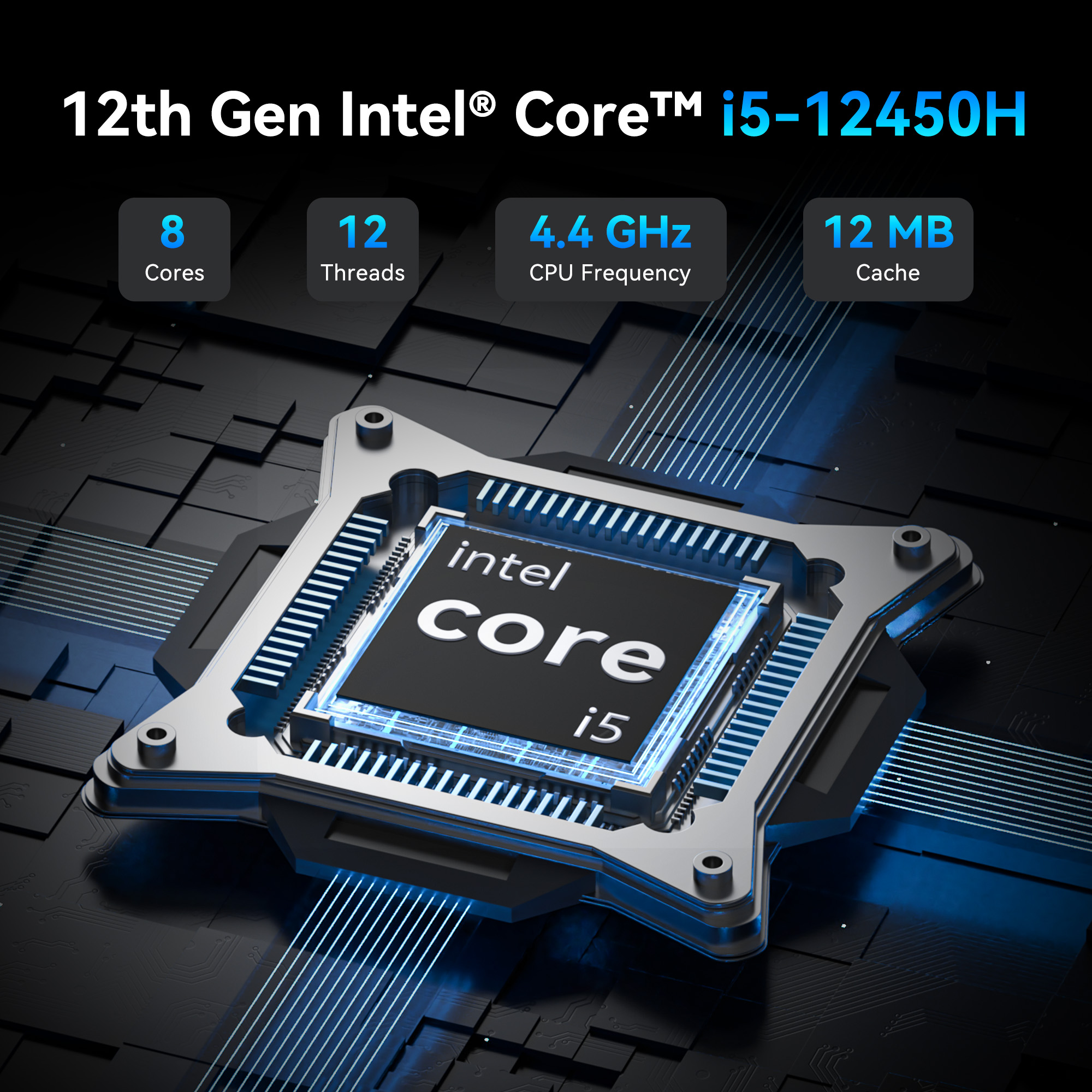 Intel Core i5 Prozessor mit 8 Kernen, 12 Threads, 4,4 GHz und 12 MB Cache.