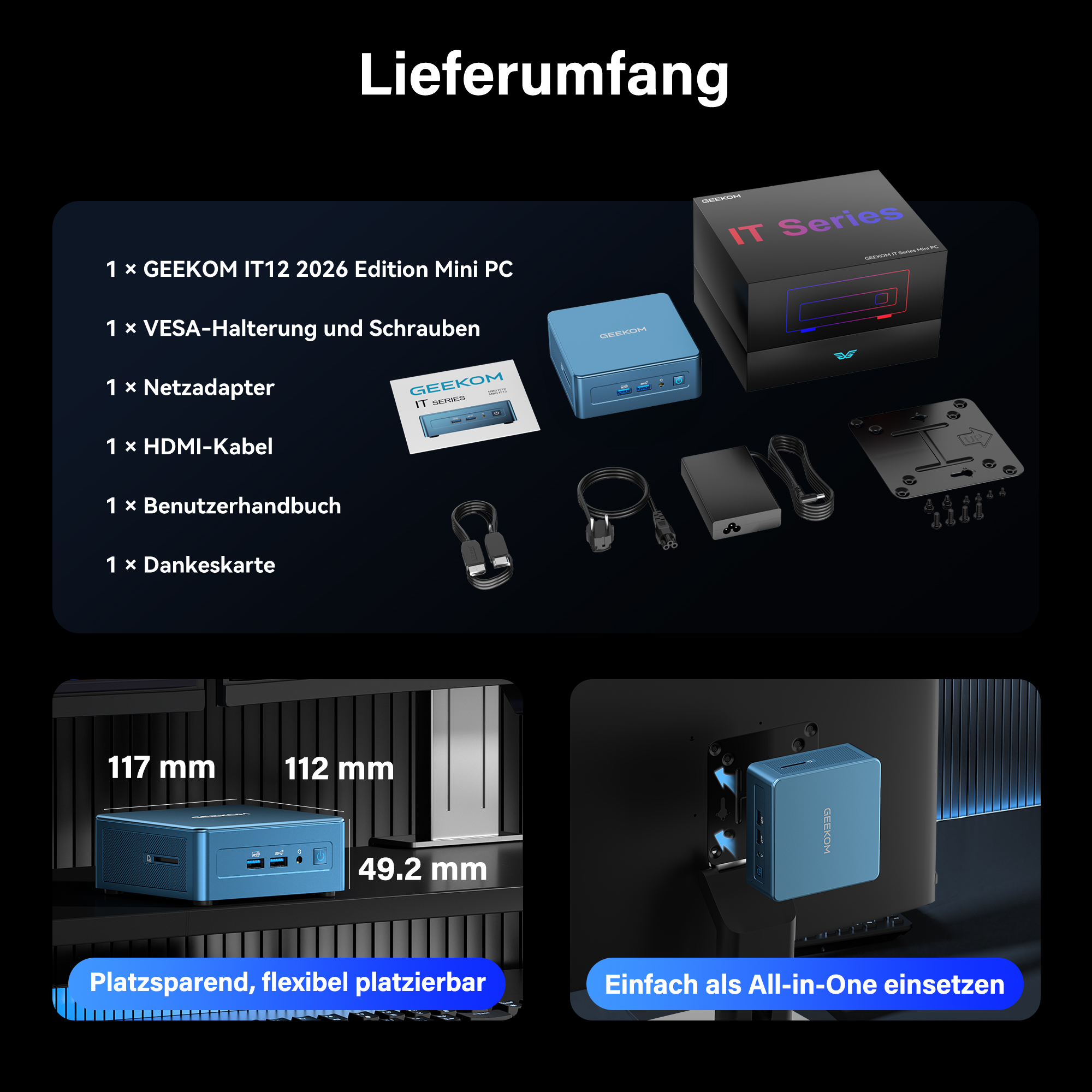 Lieferumfang: GEEKOM Mini PC, VESA-Halterung, Netzadapter, HDMI-Kabel, Handbuch.