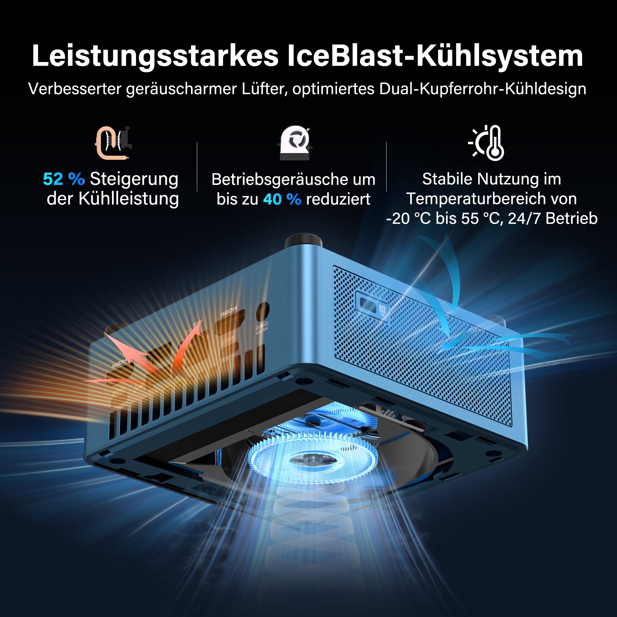 Blaues Kühlsystem mit Lüfter, das Wärme ausstößt und Luft ansaugt.