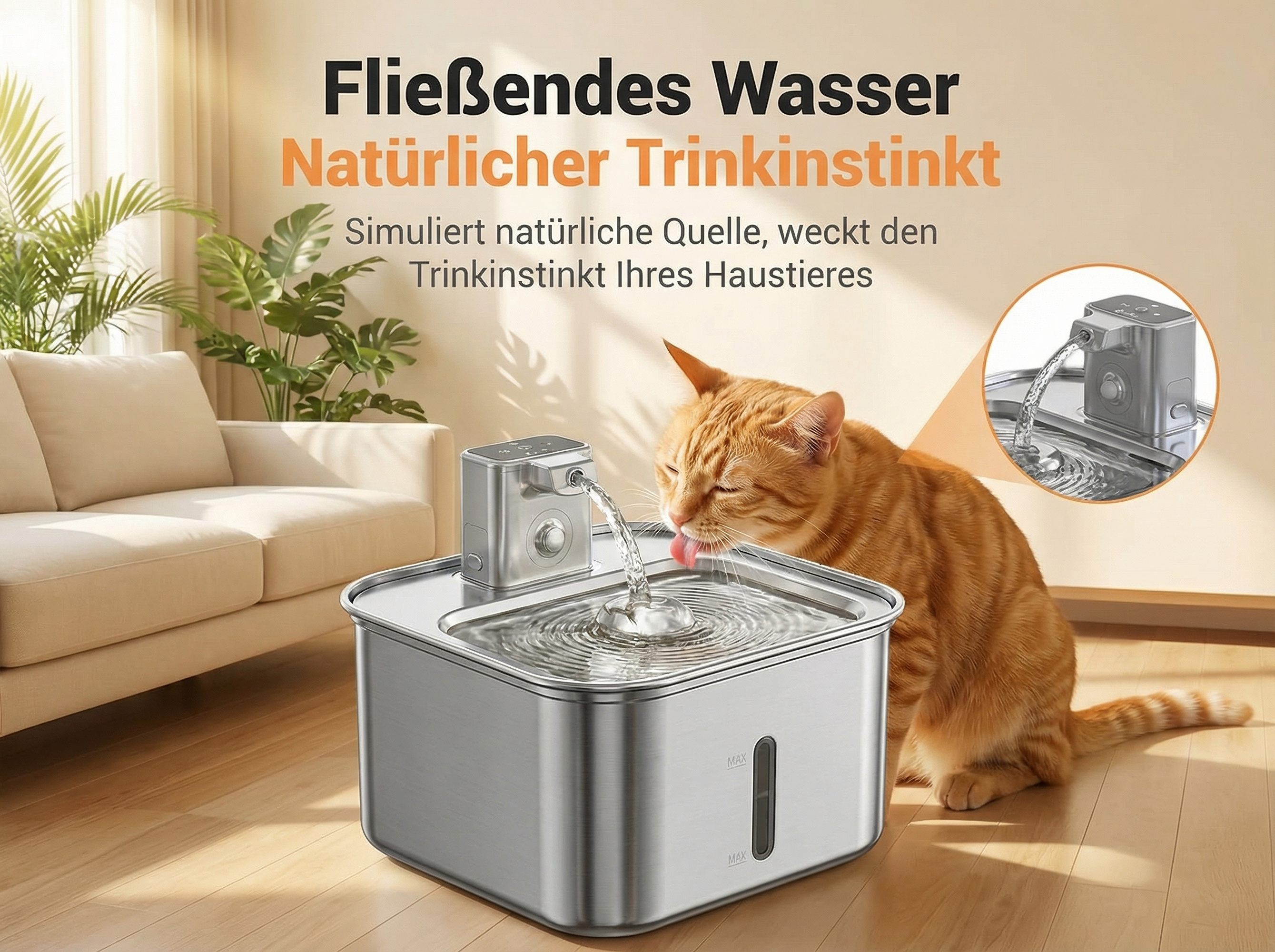 Eine Katze trinkt aus einem Wasserspender im Wohnzimmer, neben einem Sofa.