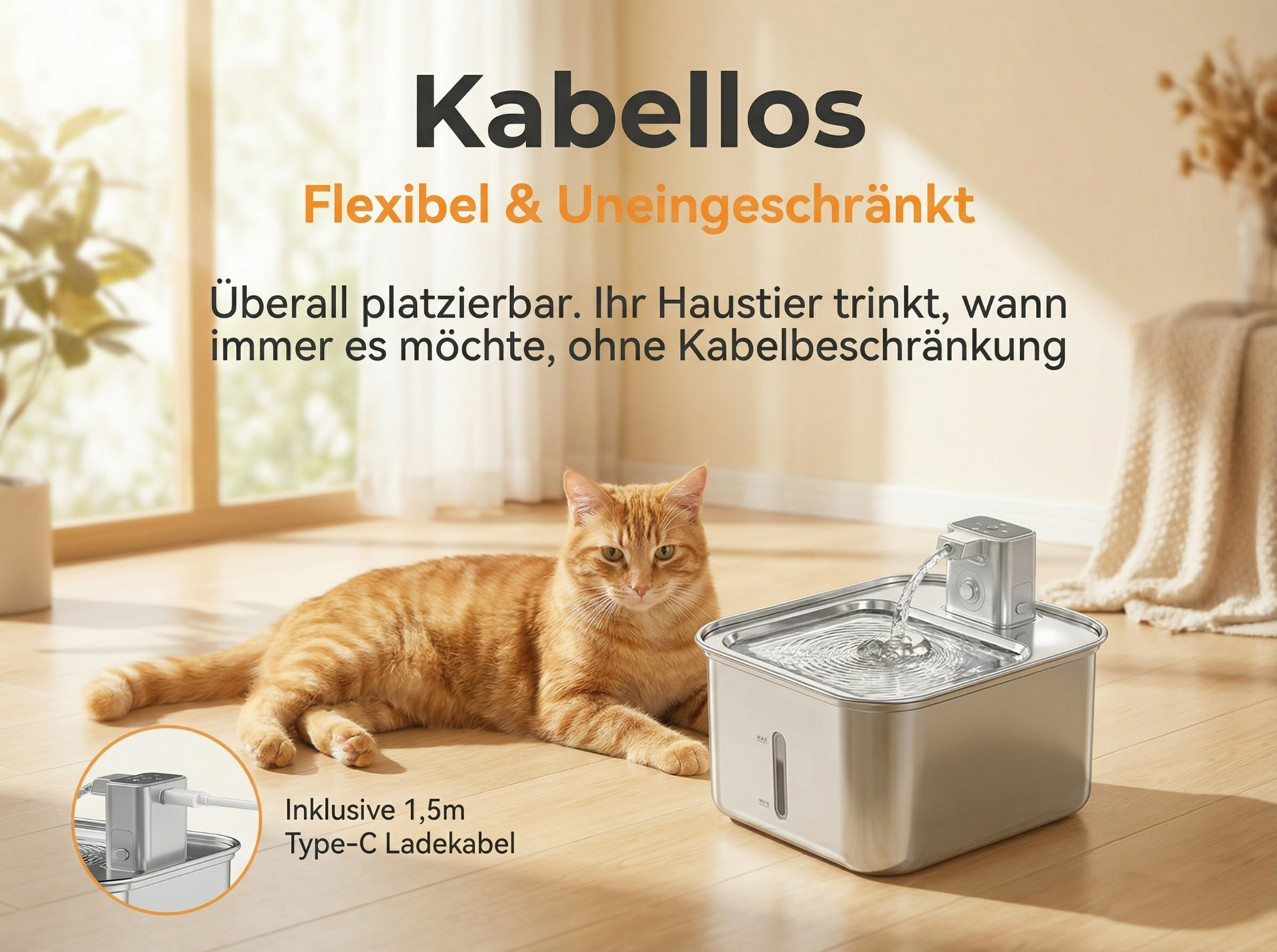 Ein orangefarbener Kater liegt neben einem kabellosen Trinkbrunnen für Haustiere.