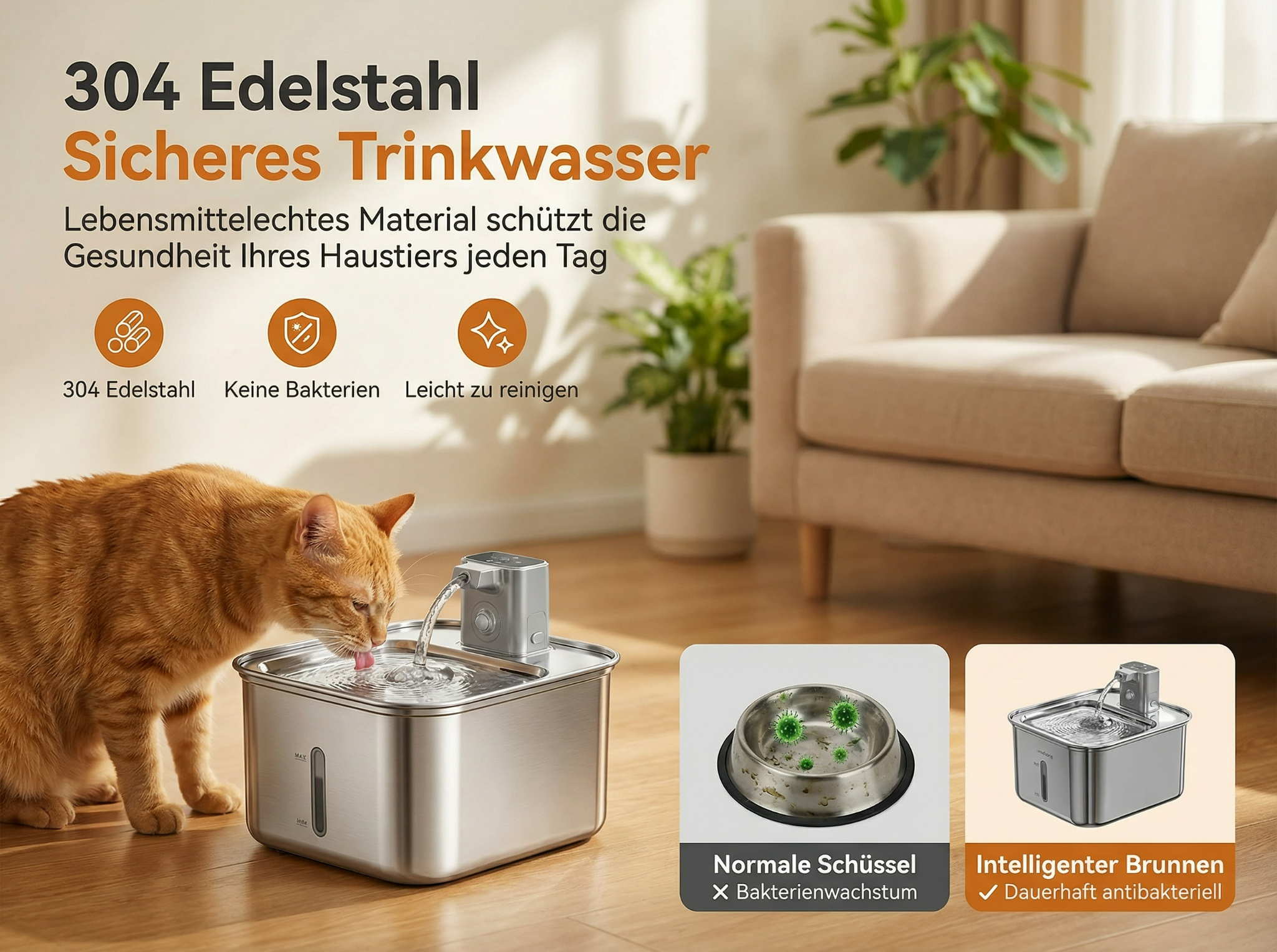 Eine orangefarbene Katze trinkt aus einem Edelstahl-Wassernapf vor einem Sofa.