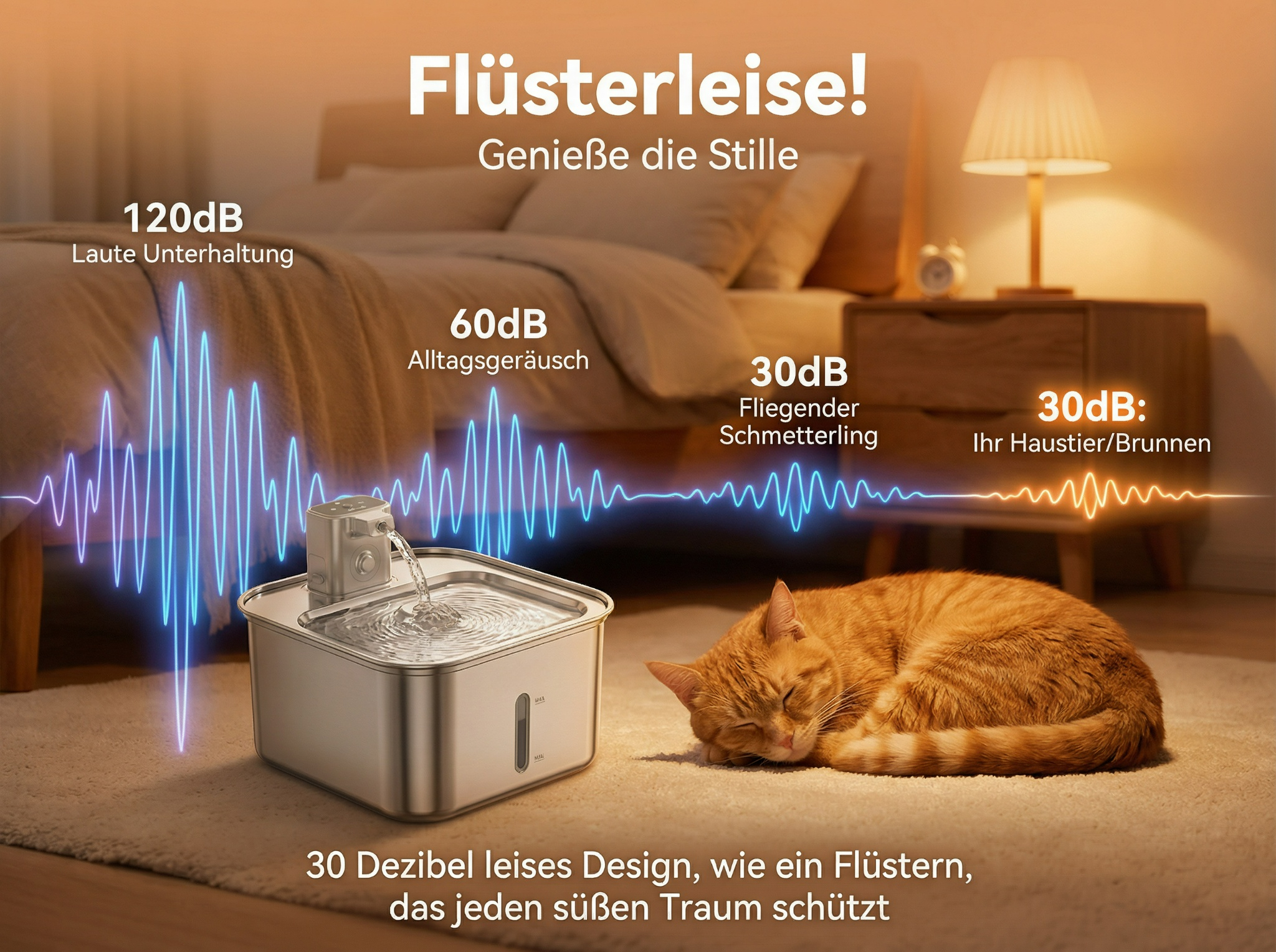 Ein Kätzchen schläft neben einem leisen Trinkbrunnen, der mit Schallwellen dargestellt wird.