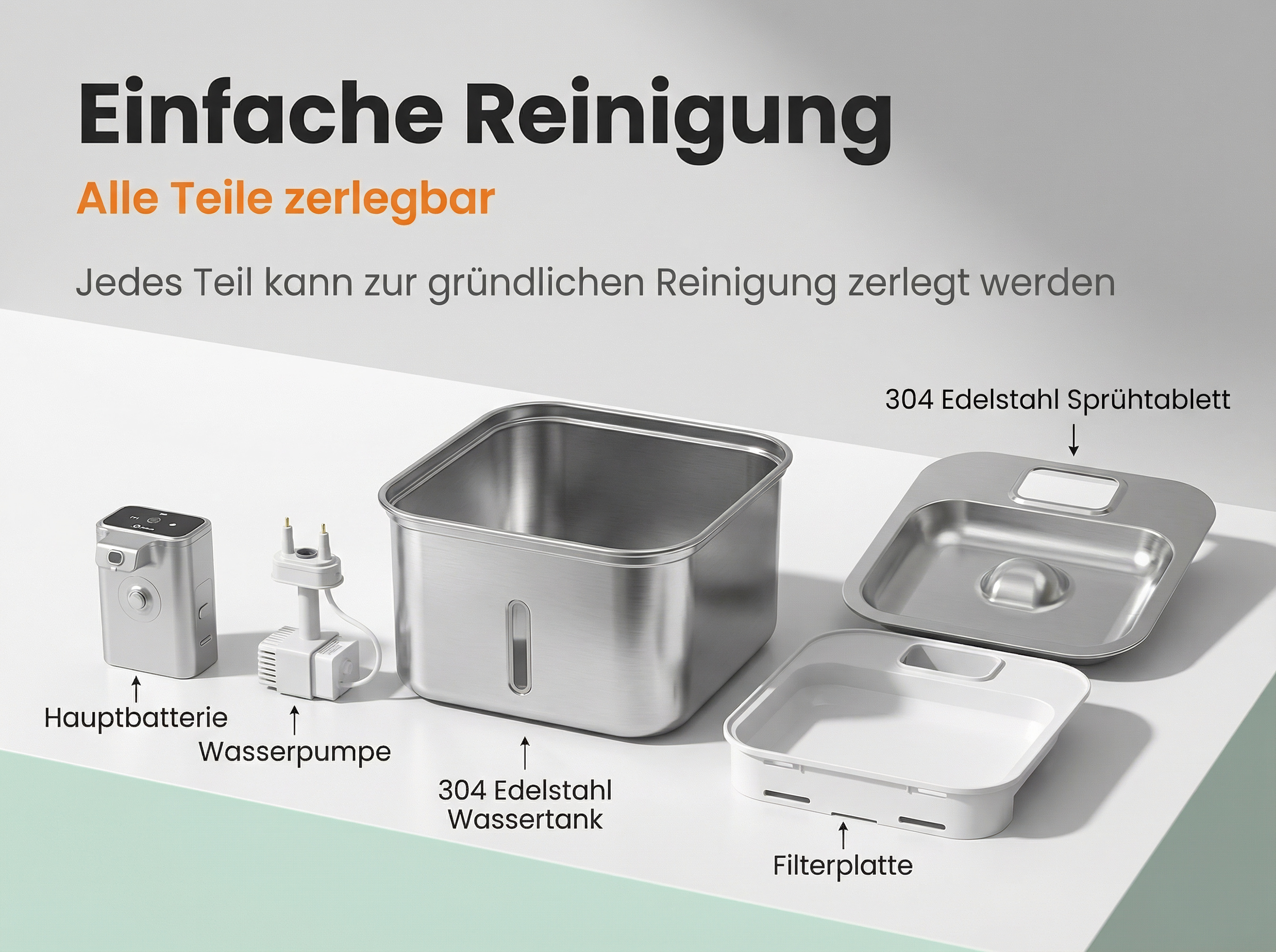 Edelstahl-Wassertank mit Hauptbatterie, Pumpe, Sprühtablett & Filterplatte.