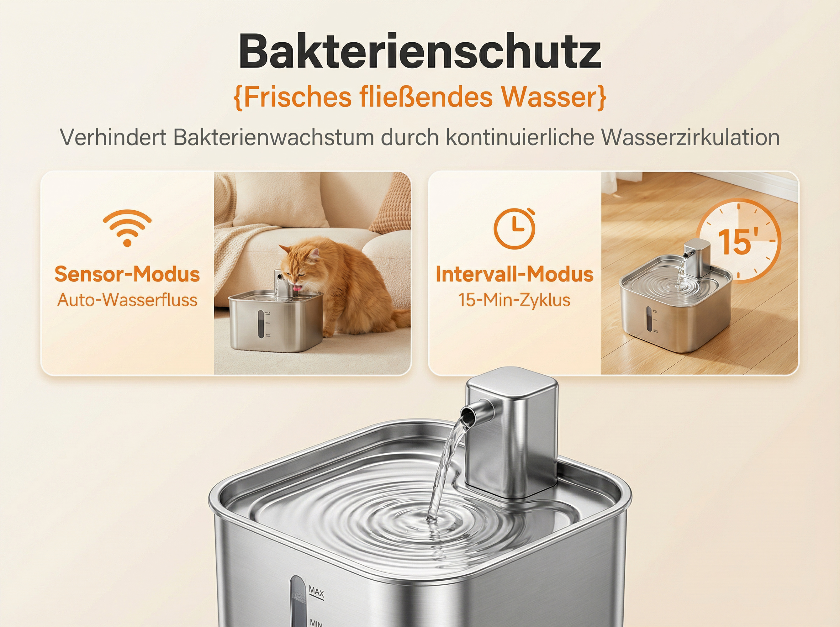 Ein silberner Trinkbrunnen für Haustiere mit fließendem Wasser und Anzeige für Sensor- und Intervall-Modus.