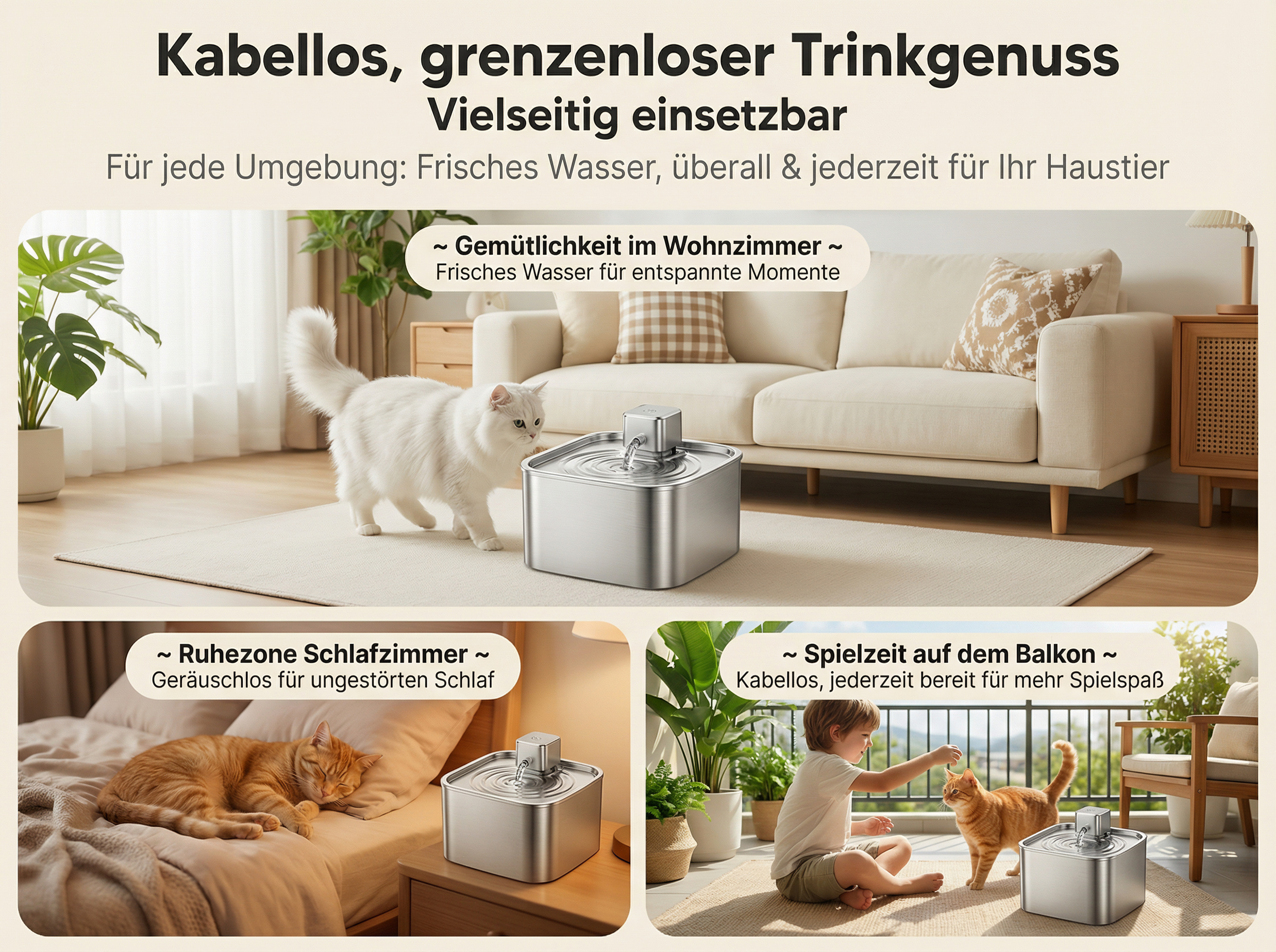 Ein weißes und ein orangefarbenes Kätzchen mit einem Trinkbrunnen in verschiedenen Szenarien.