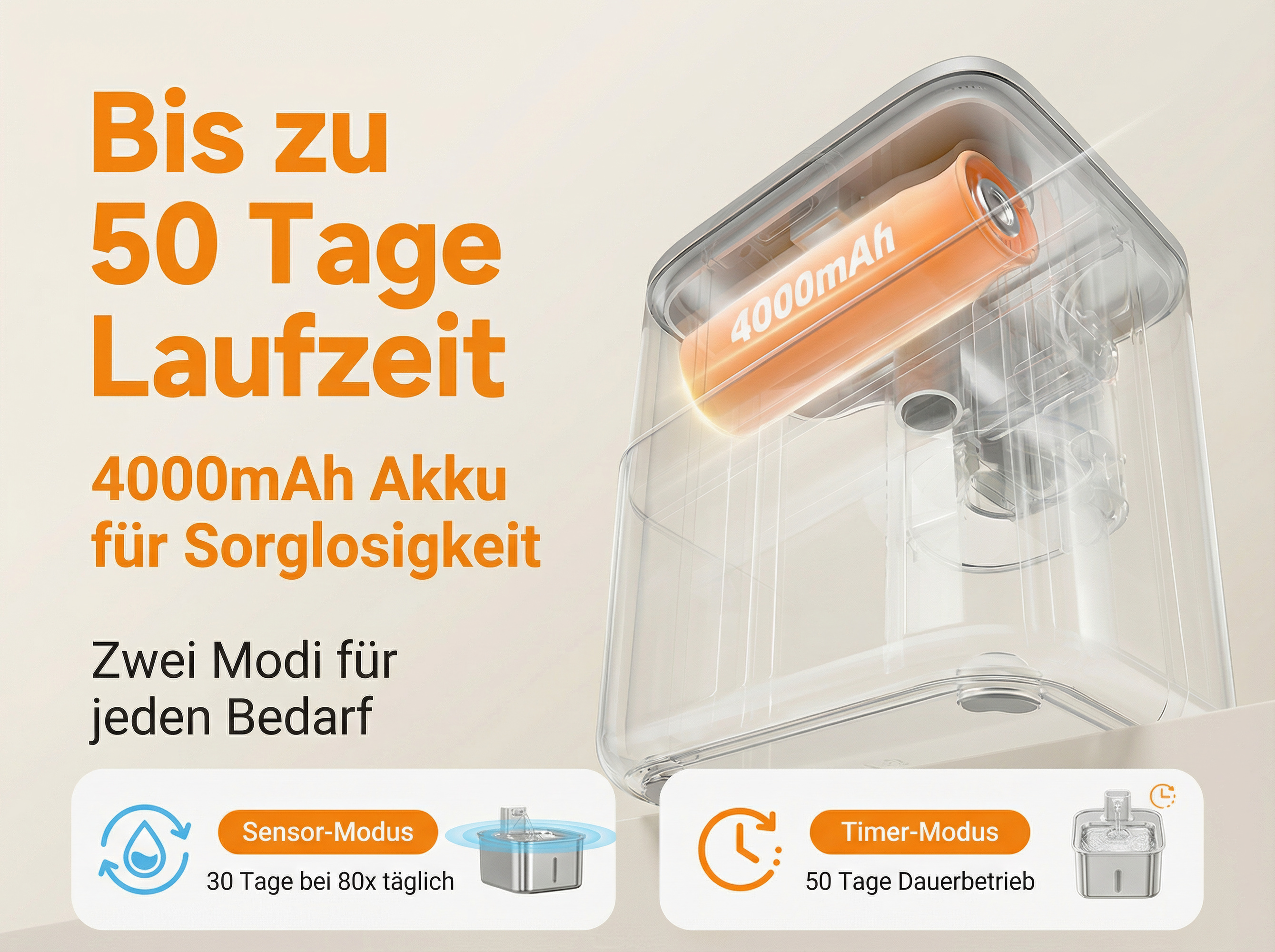 Ein Gerät mit 4000mAh Akku, 50 Tage Laufzeit, Sensor- und Timer-Modus.